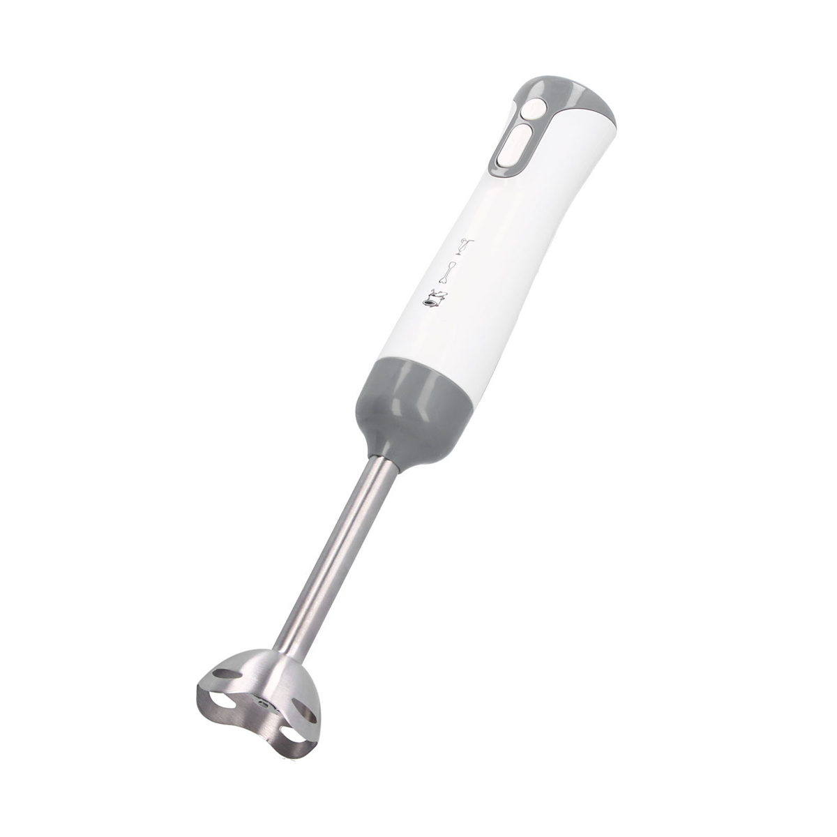 Weiß-grauer Stabmixer mit Metall-Mixkopf.
