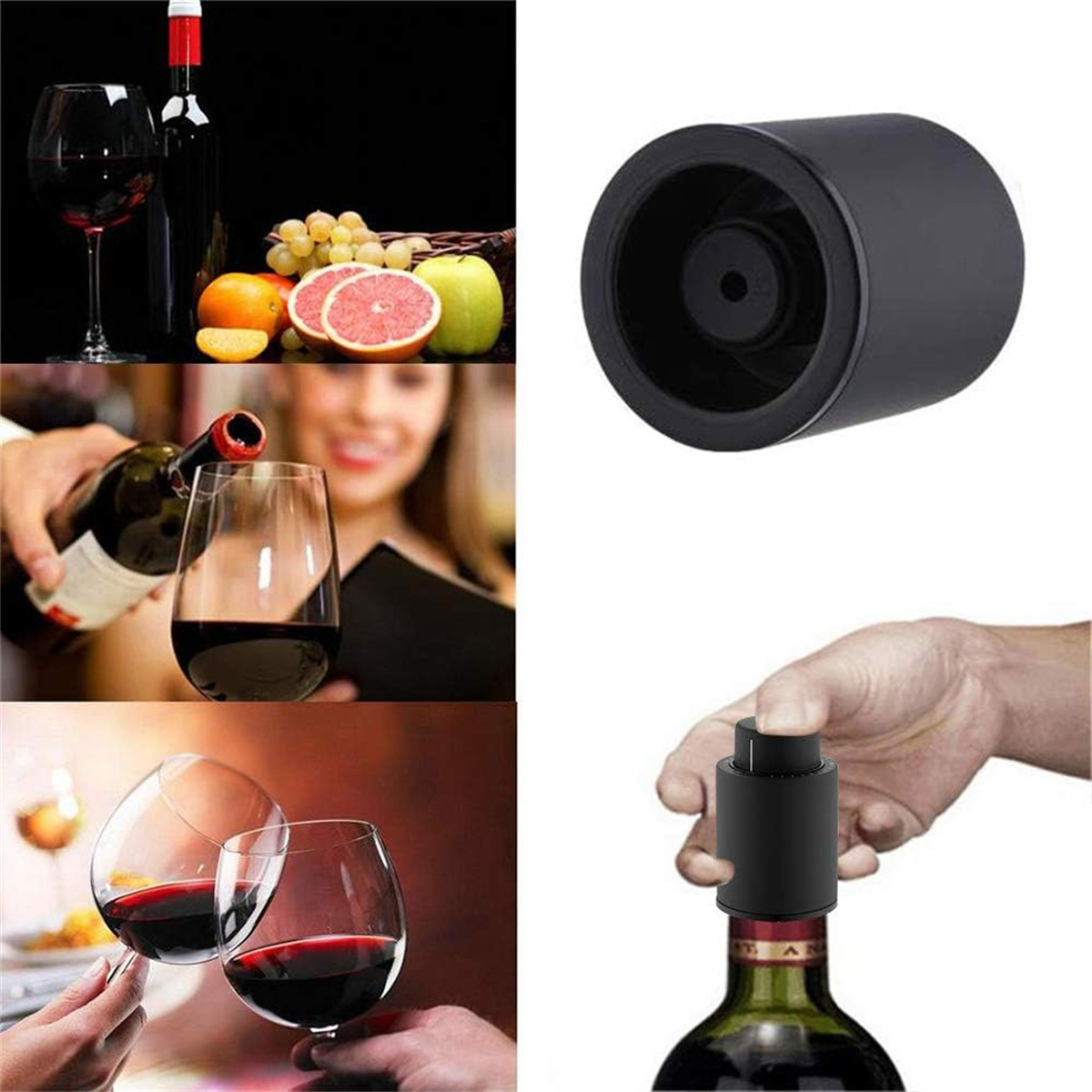 Wein, Flaschen, Gläser und Obst auf Tisch. Ein Weinstopfen ist auch zu sehen.