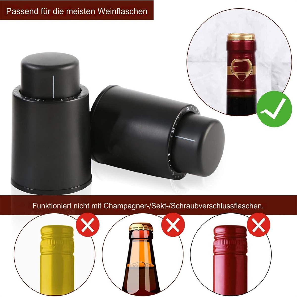 Zwei schwarze Weinflaschenverschlüsse mit einer Flasche und ungeeigneten Flaschen mit roten Kreuzen auf weißem Hintergrund.
