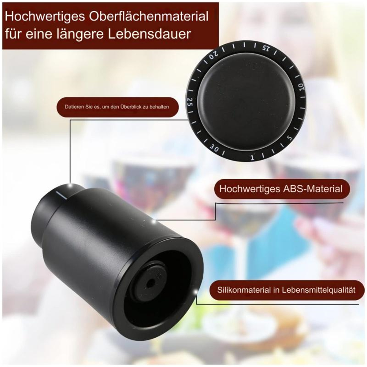 Schwarzer Weinstopfen mit Drehknopf. Text hebt hochwertige Materialien hervor.