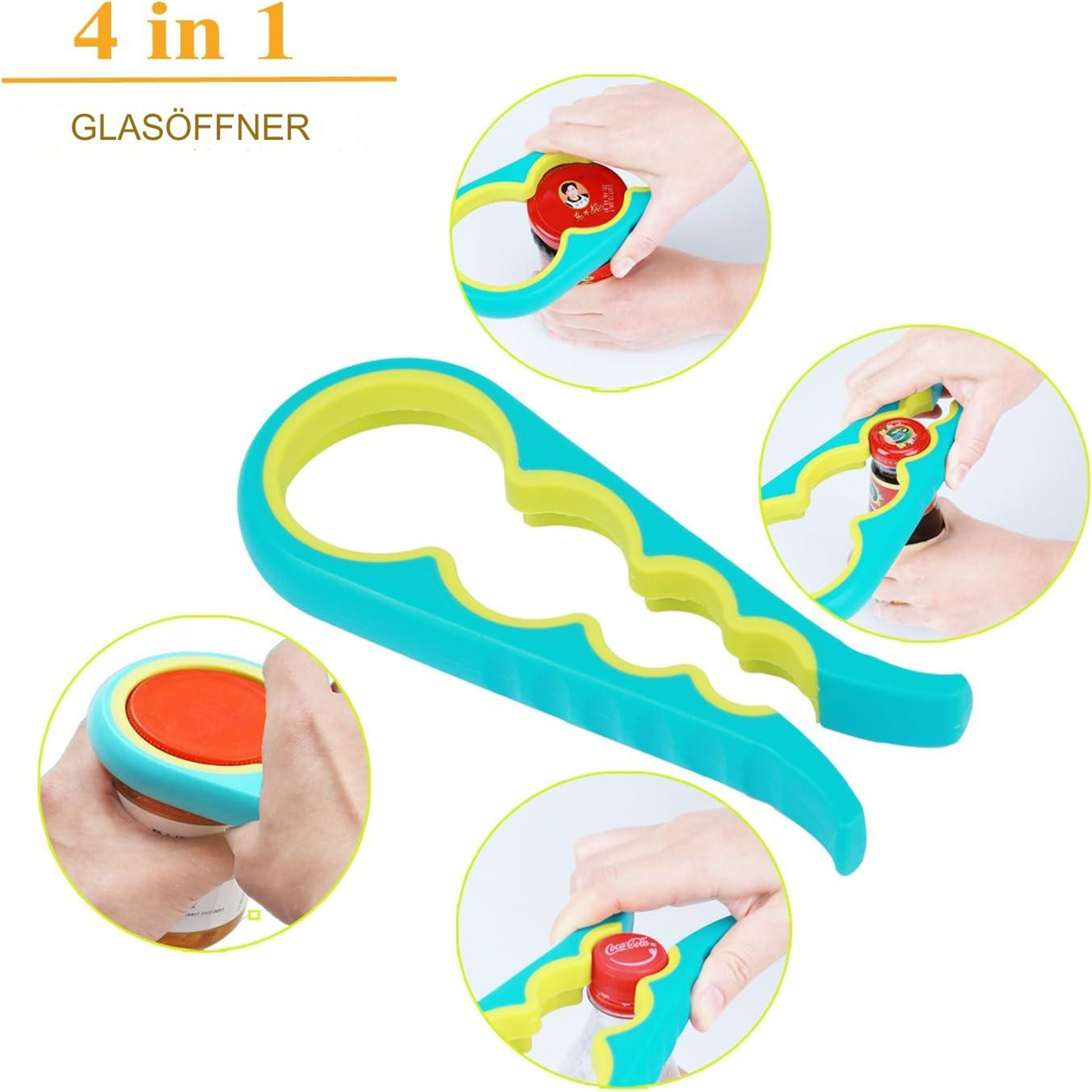 4-in-1-Gläseröffner mit mehreren Verwendungen. Der Öffner ist blau und gelb, mit Händen.