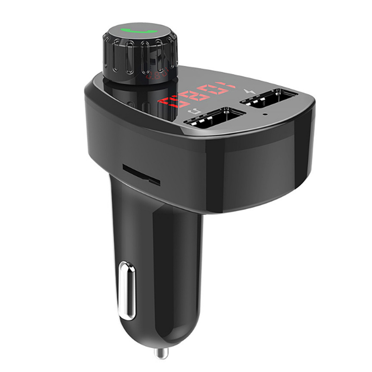 Schwarzer Auto-Adapter mit USB-Anschlüssen und digitaler Anzeige mit 108.9, mit einem schwarzen Knopf oben.