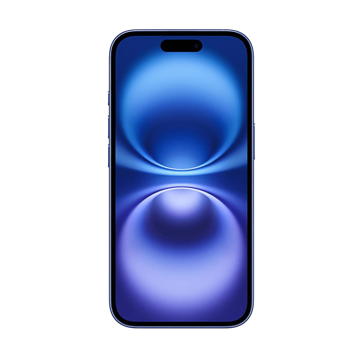 Niebieski smartfon z dużym wyświetlaczem. Ekran to gradient niebieskiego i fioletowego.