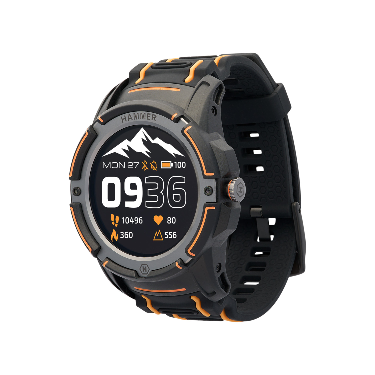 Schwarze und orangefarbene Hammer Smartwatch. Zeigt Zeit und Fitnessdaten an.