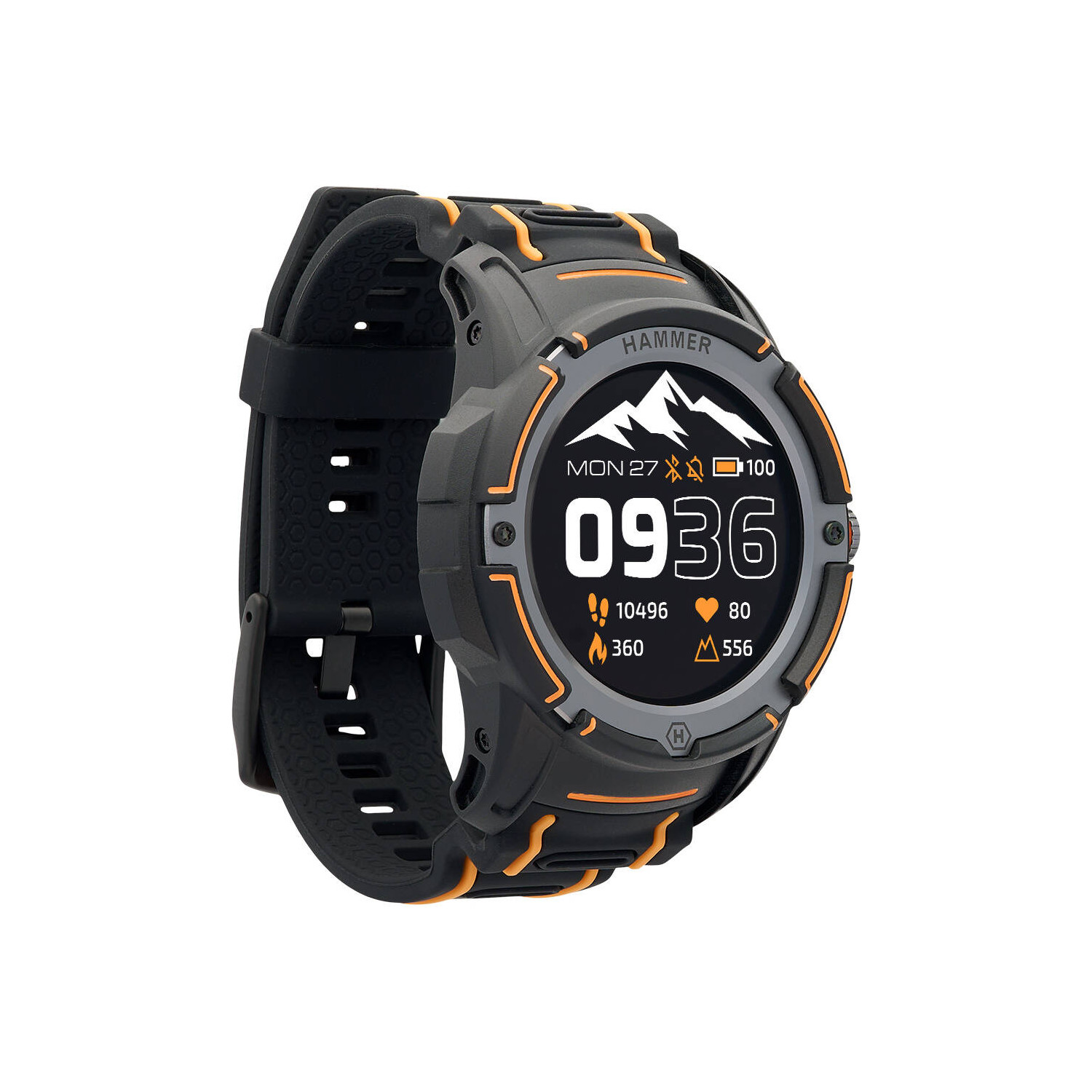 Schwarze und orangefarbene Smartwatch. Sie zeigt Zeit, Datum und Gesundheitsmetriken an. Sie hat ein schwarzes Armband.