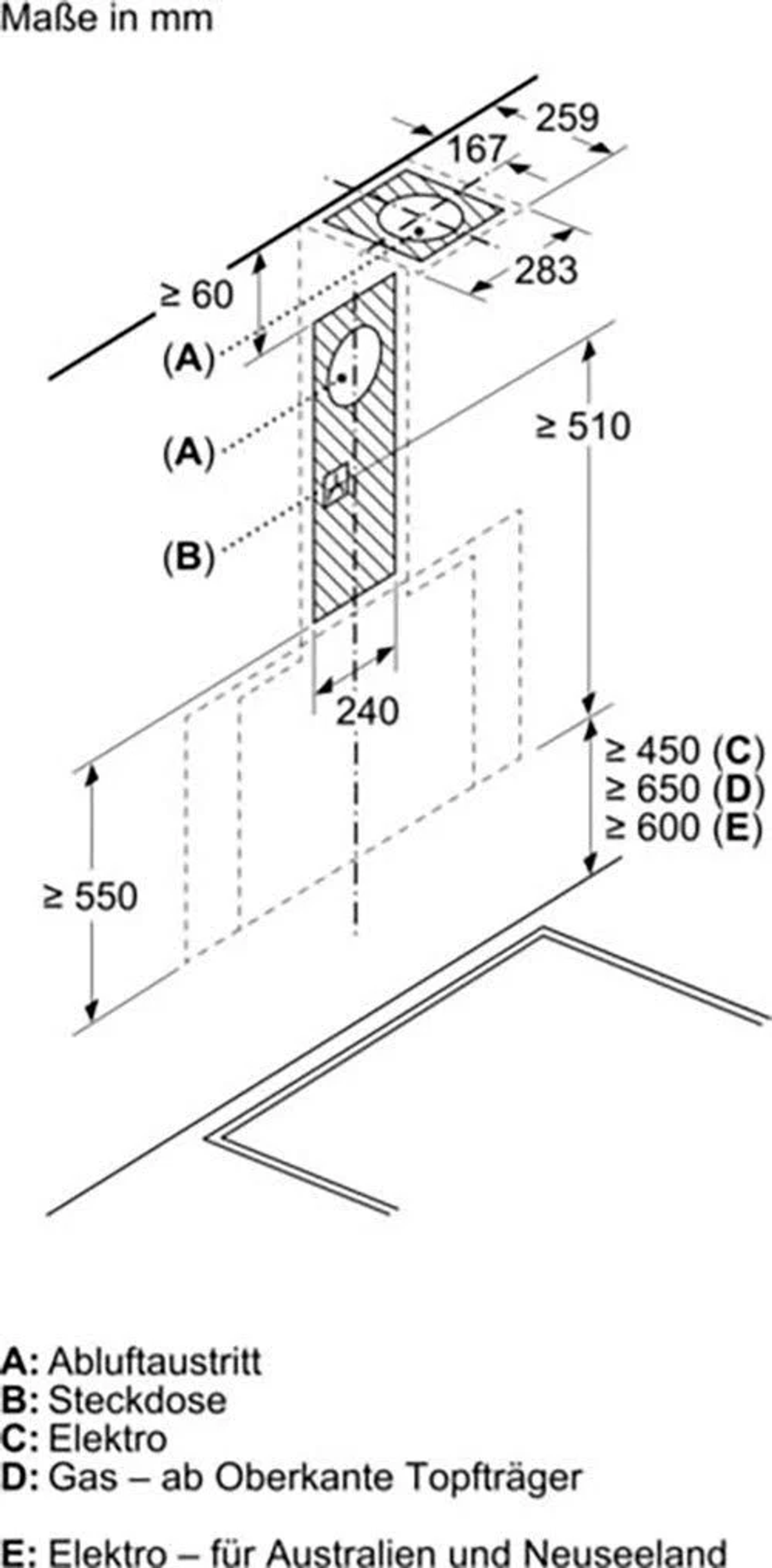 Disegno tecnico che mostra dimensioni ed etichette di un elettrodomestico da cucina, linee nere, sfondo bianco.