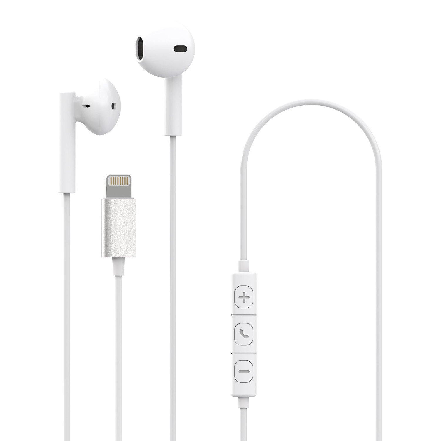 Auriculares blancos con cable, conector Lightning y botones de control.