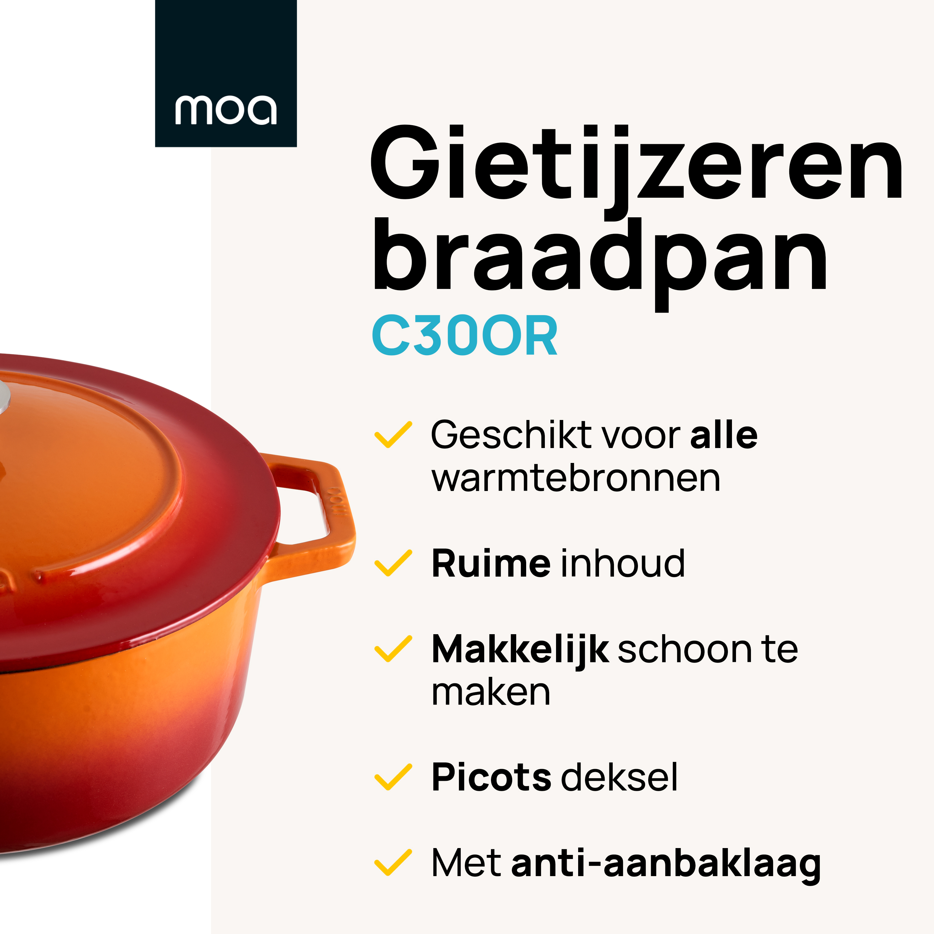 Oranje gietijzeren pan met deksel. Tekst geeft aan dat deze geschikt is voor alle warmtebronnen.