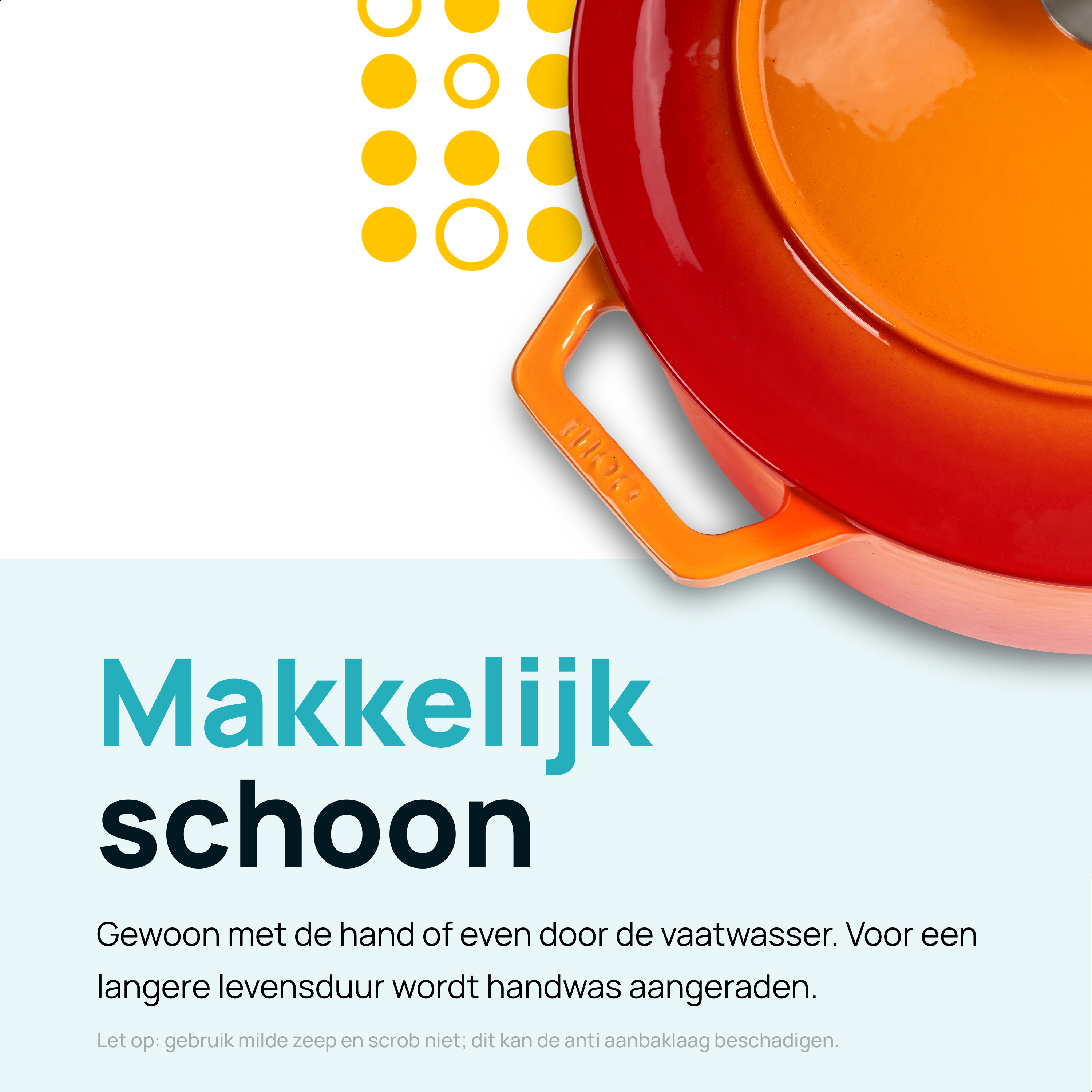 Een rode en oranje pot met de tekst 'Gemakkelijk schoon'. Instructies staan hieronder.
