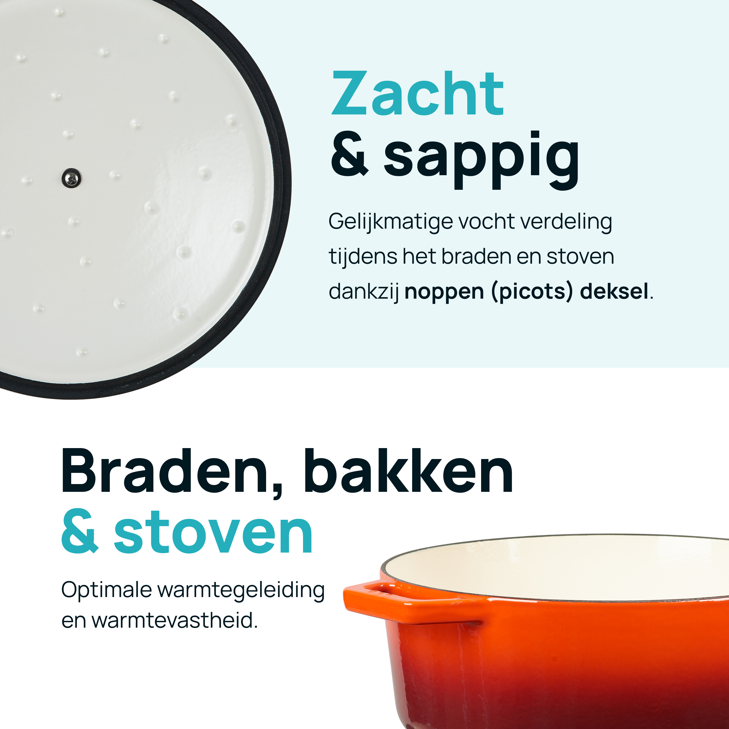 Een oranje kookpot met een wit deksel. Tekst beschrijft de kookeigenschappen.