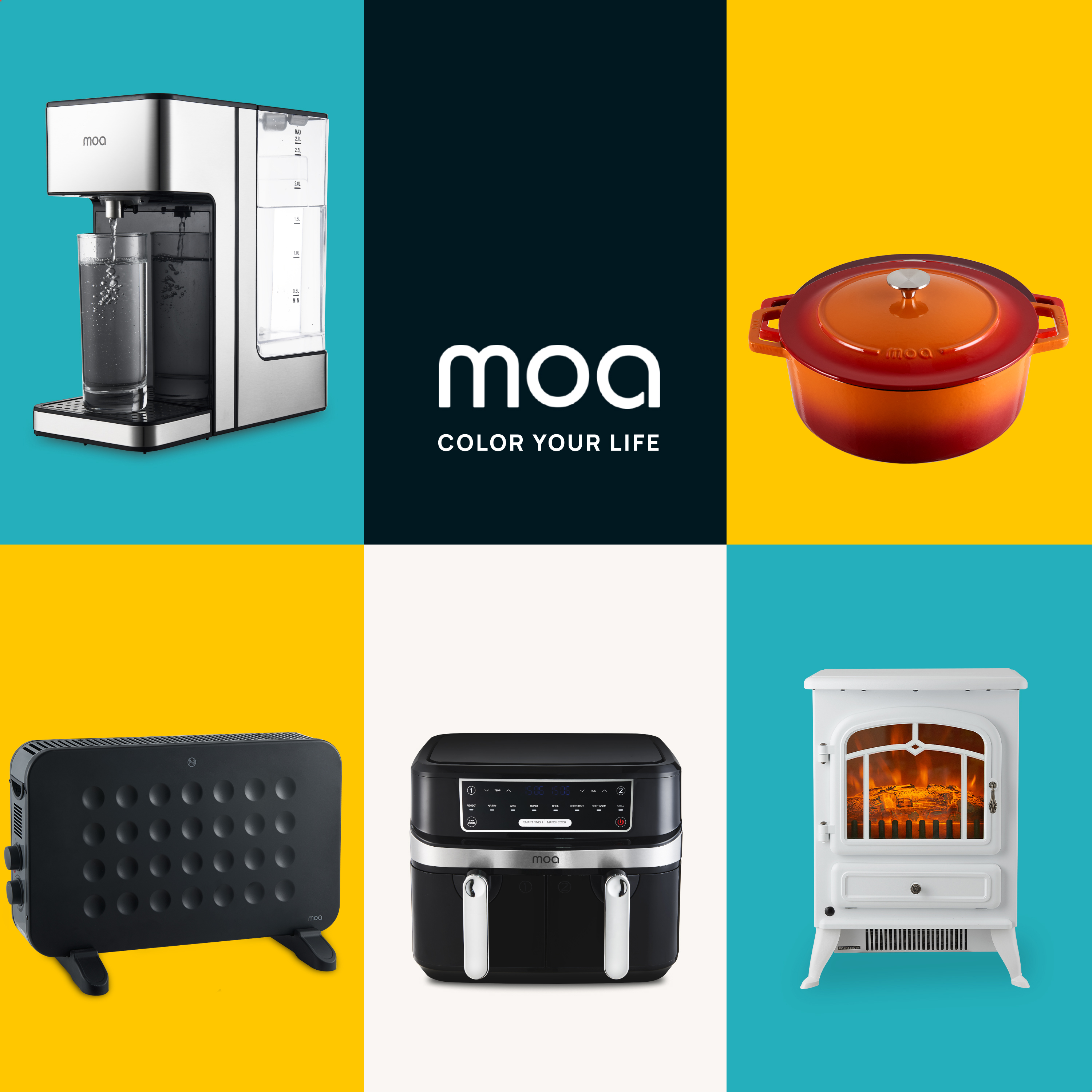 Collage van moa-producten: waterkoeler, oranje pot, zwarte kachel, airfryer en open haard.