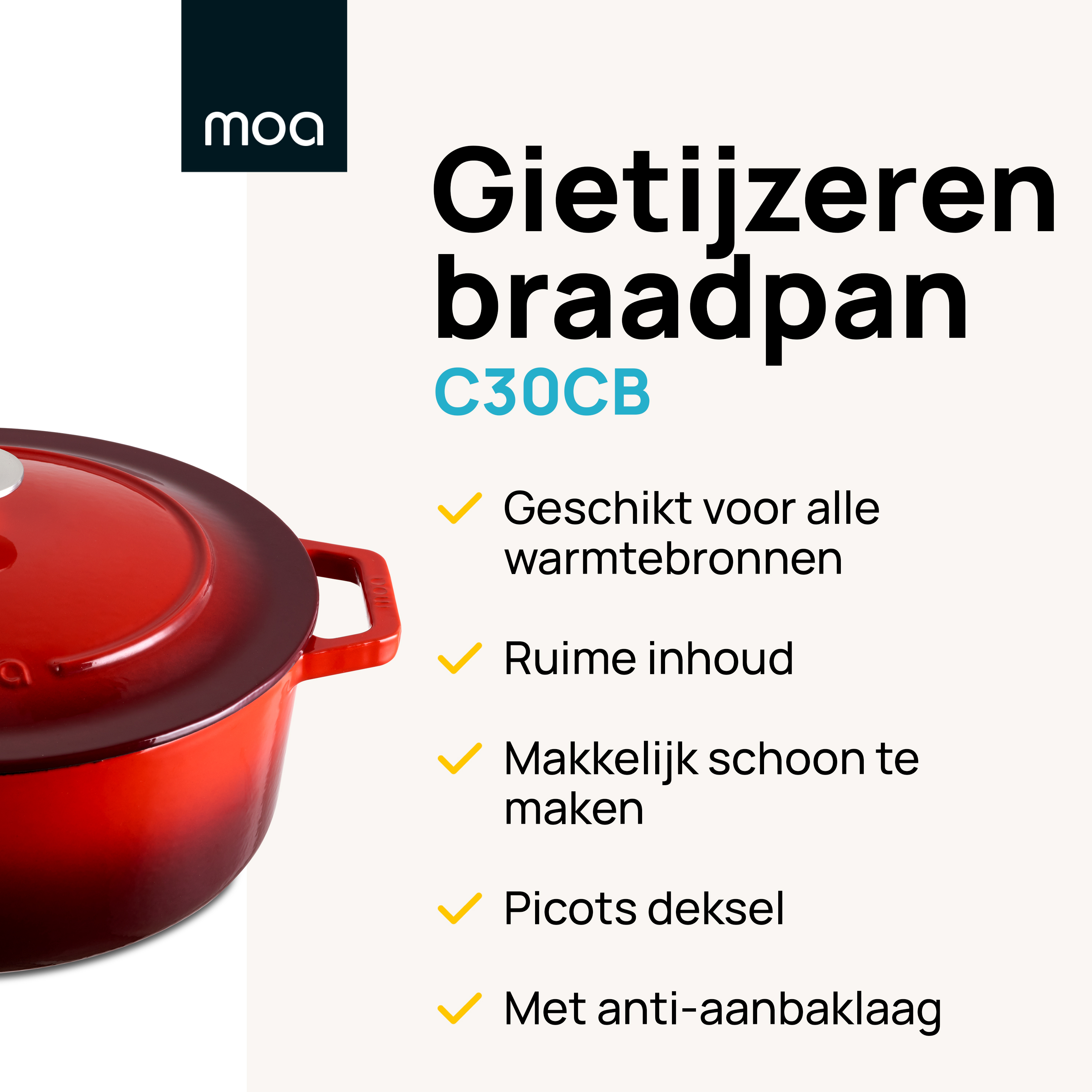 Rode gietijzeren pan met tekst over functies.