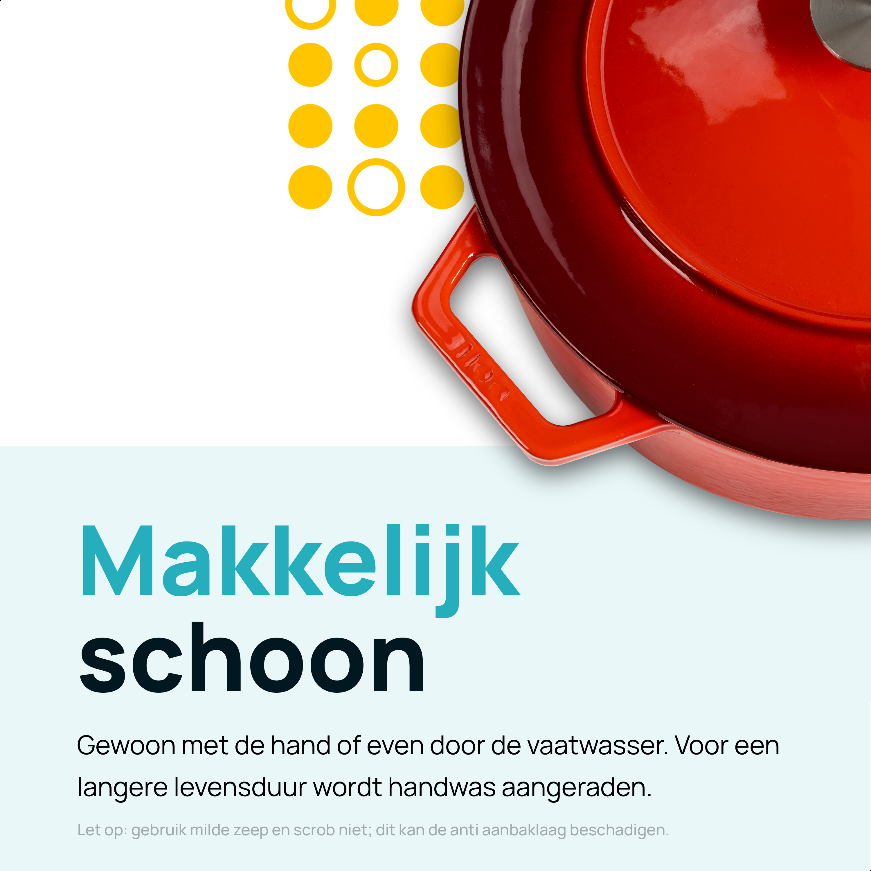 Rode kookpot met deksel. Tekst zegt 'Makkellijk schoon' en instructies voor het schoonmaken.