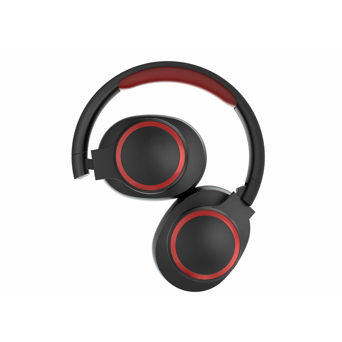 Cuffie nere con accenti circolari rossi, isolate su sfondo bianco.