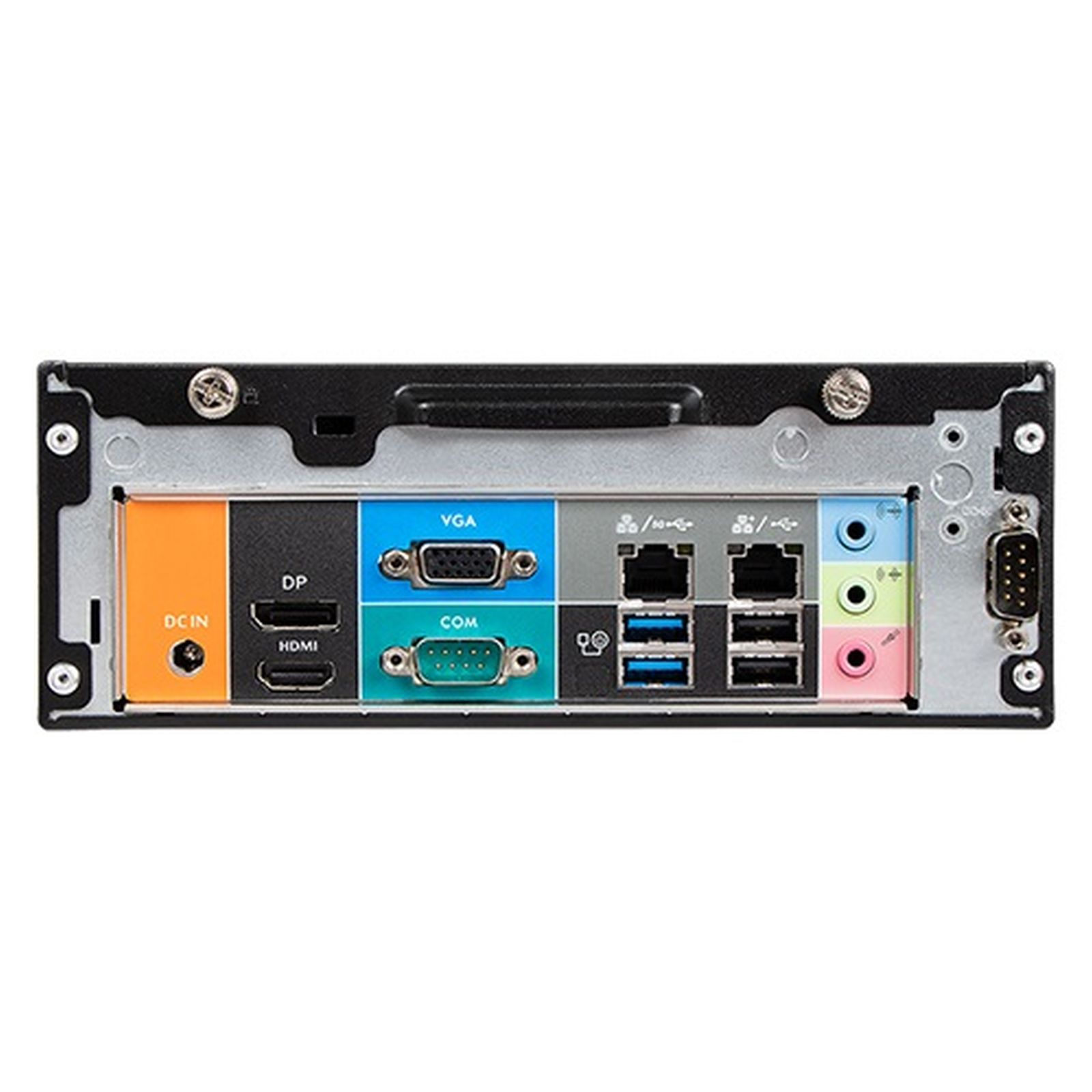 Rückseite eines Geräts mit verschiedenen Anschlüssen, darunter USB, HDMI und Audiobuchsen.