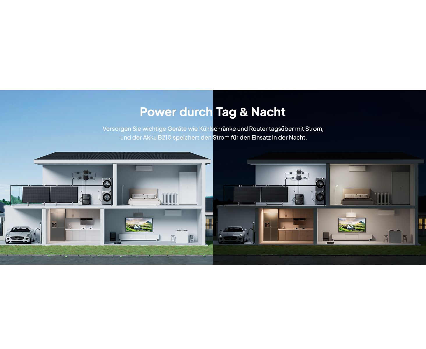 Illustration eines Hauses mit Sonnenkollektoren, das tagsüber und nachts beleuchtet ist und den Stromverbrauch zeigt.