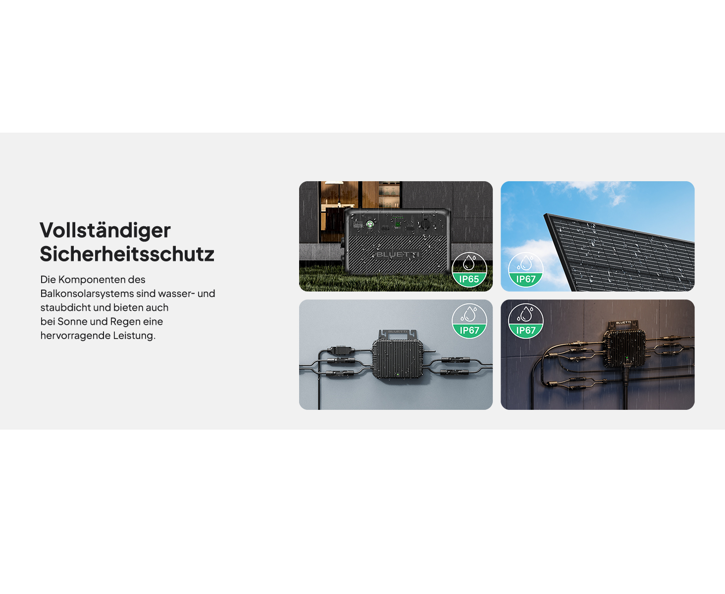 Collage: Sonnenkollektoren, Kraftwerk und elektrische Komponenten mit IP-Schutzarten.