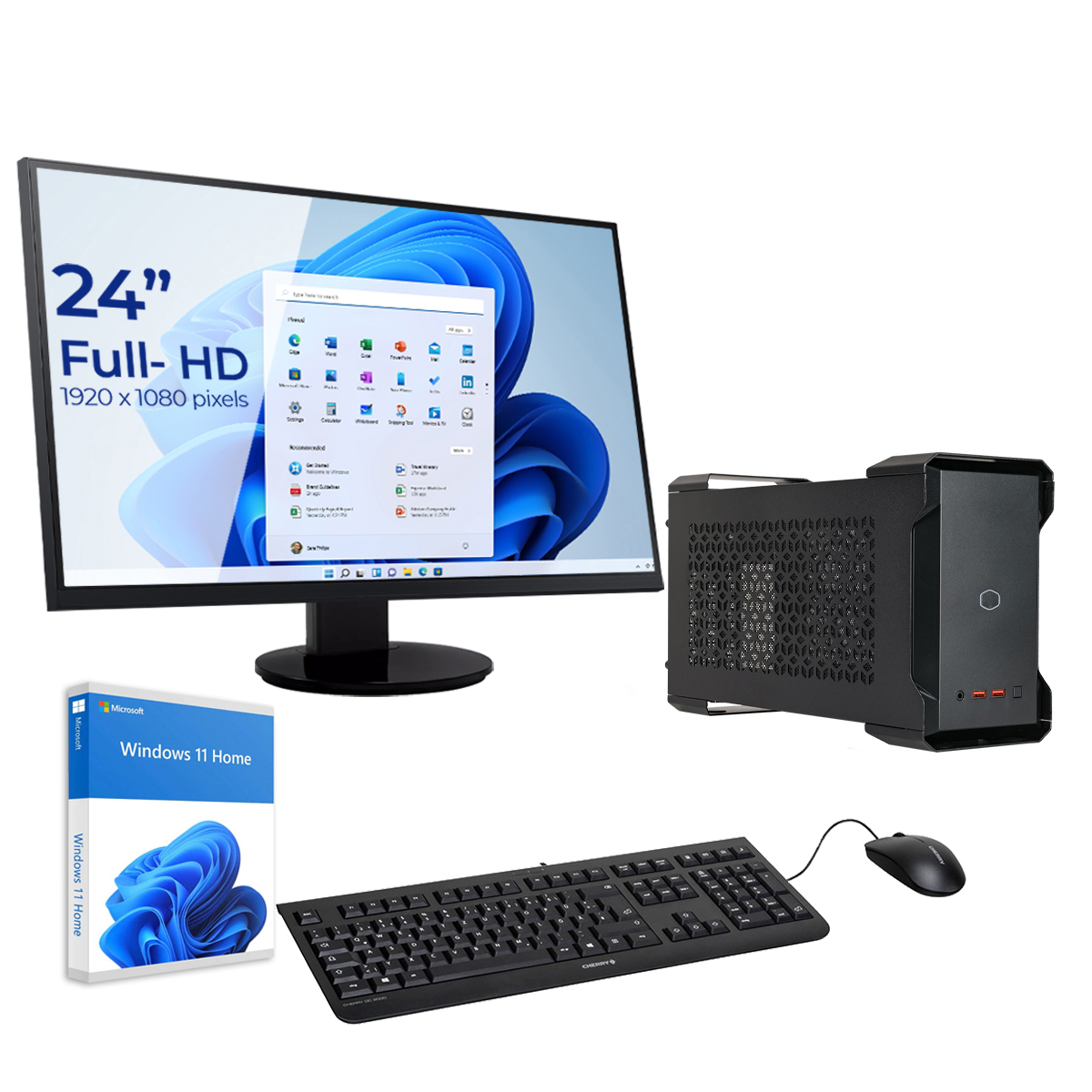 Un'installazione del computer. Include un monitor, una tastiera, un mouse, un case del computer e una scatola del software.
