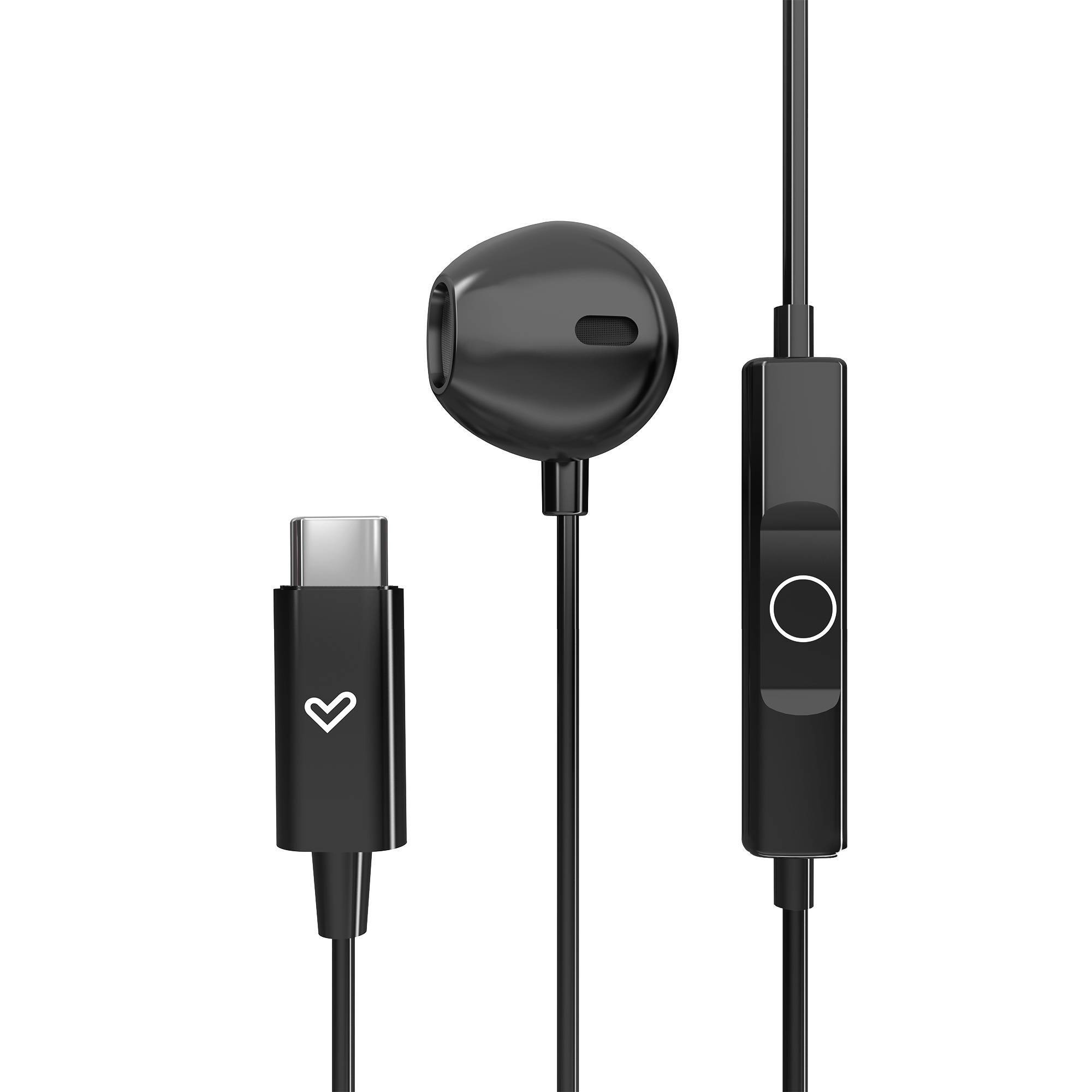 Zwarte oordopjes met een USB-C-connector en een bedieningsmodule op de kabel.