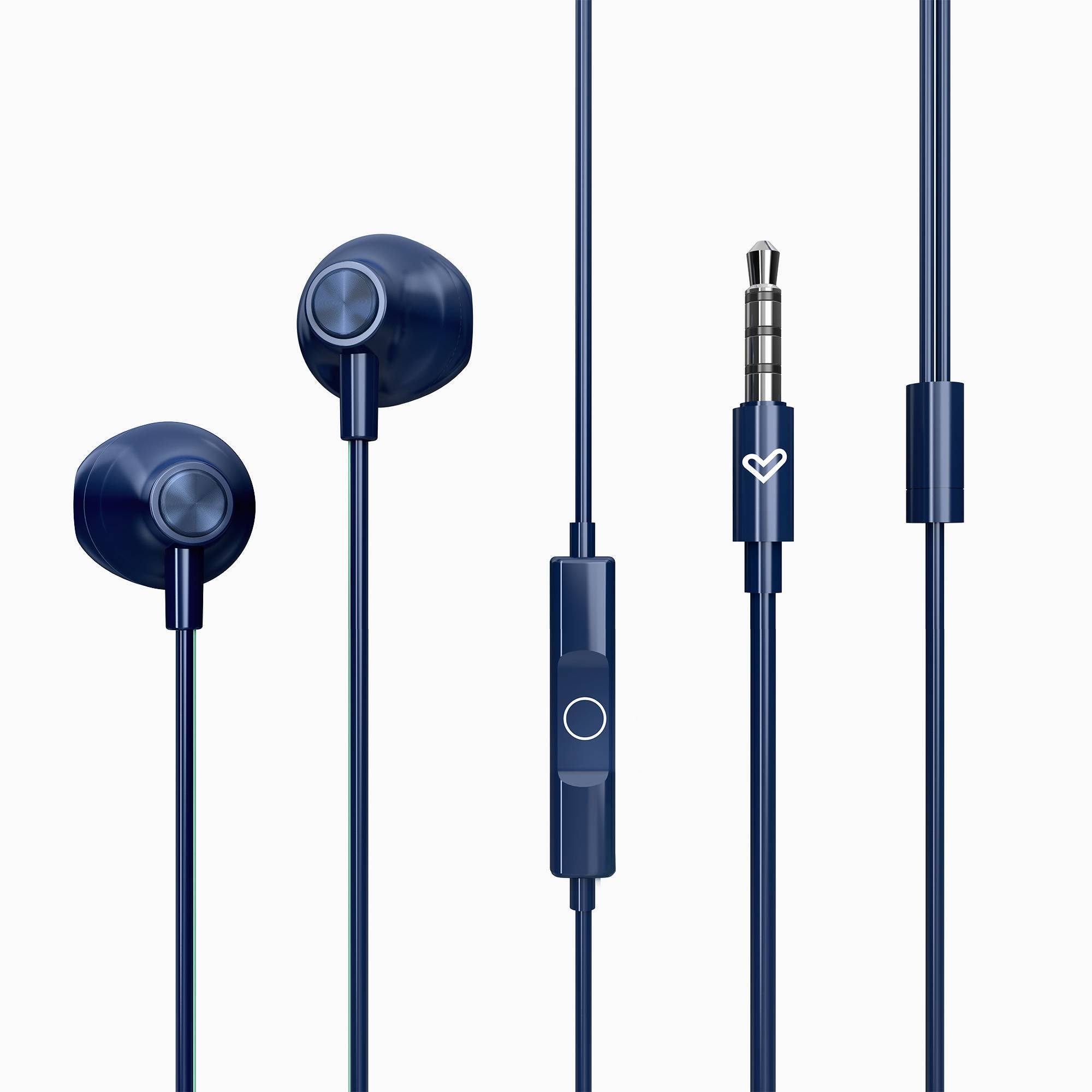 Auricolari blu scuro con controllo e jack da 3,5 mm, isolati su bianco.