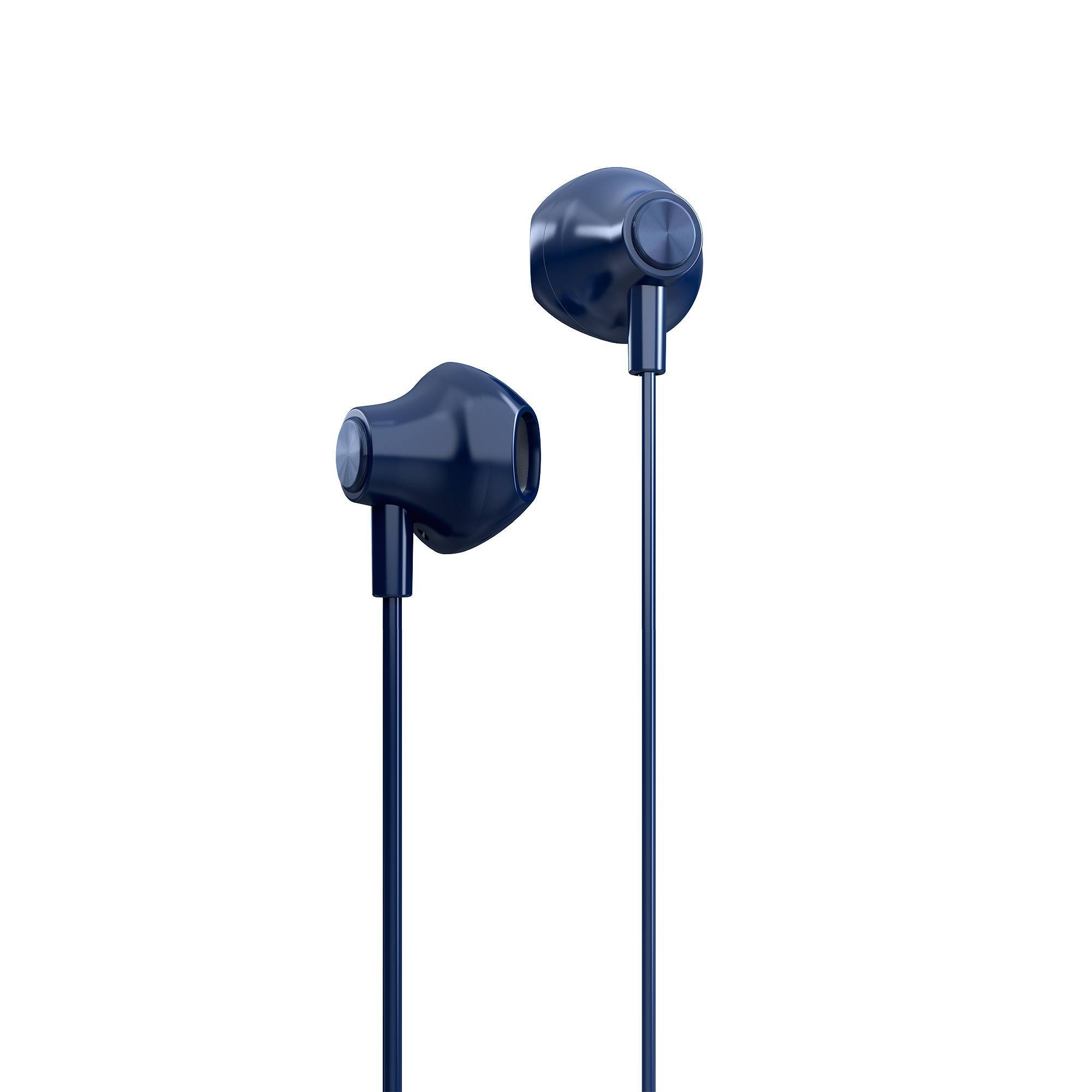 Auricolari blu scuro con un design semplice, su sfondo bianco.