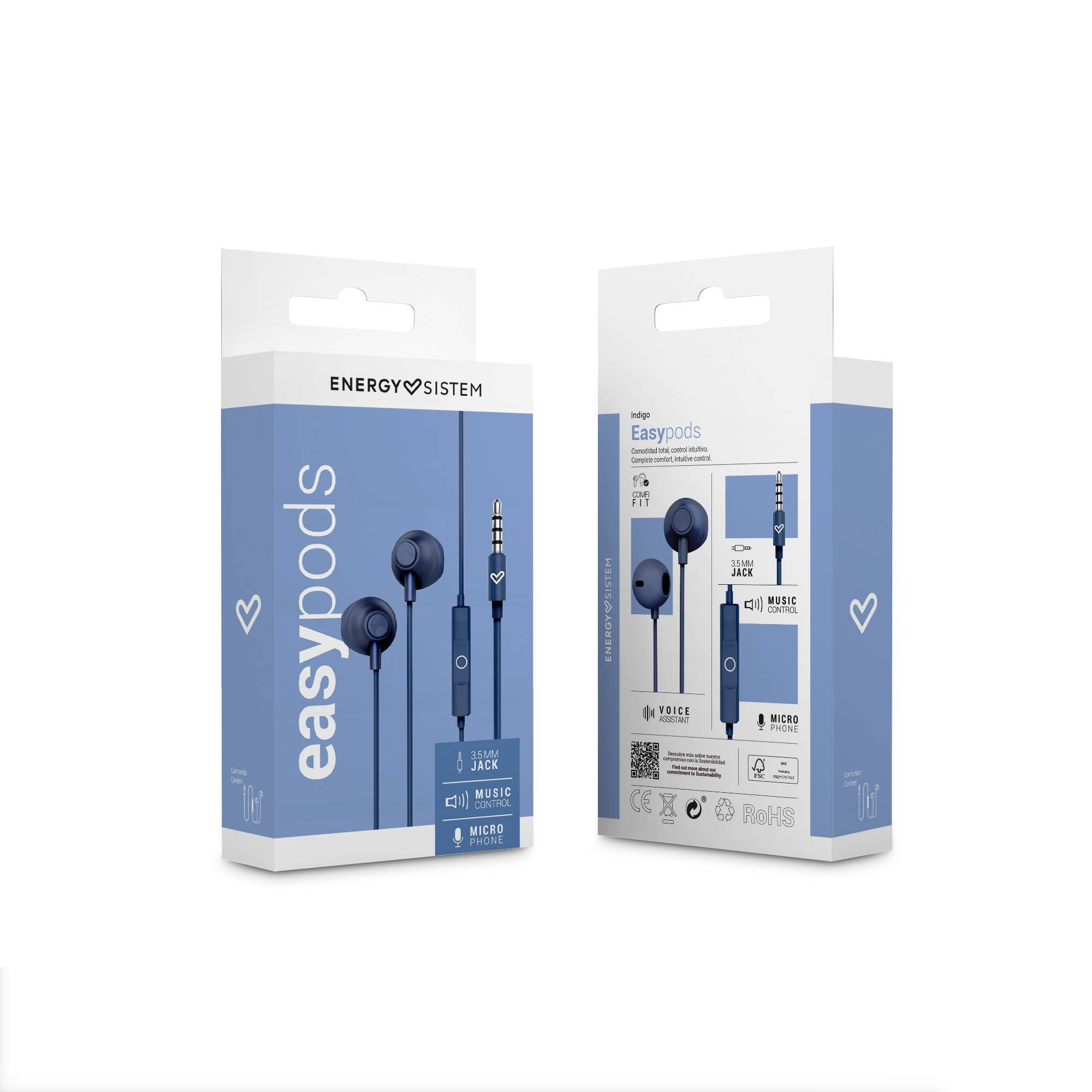 Due scatole di auricolari neri. Confezione bianca e blu. Sfondo bianco.