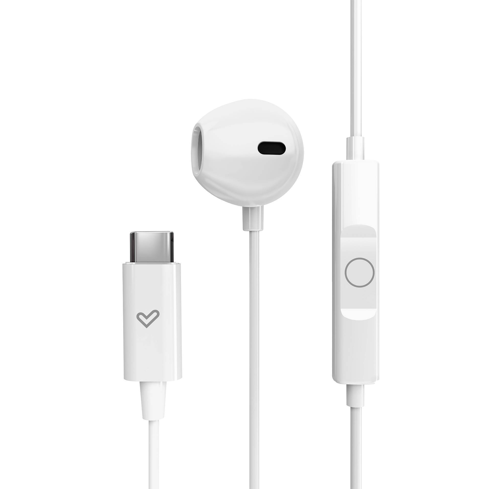 Witte oortelefoons met een USB-C-connector en een afstandsbediening. De kabel is ook wit.