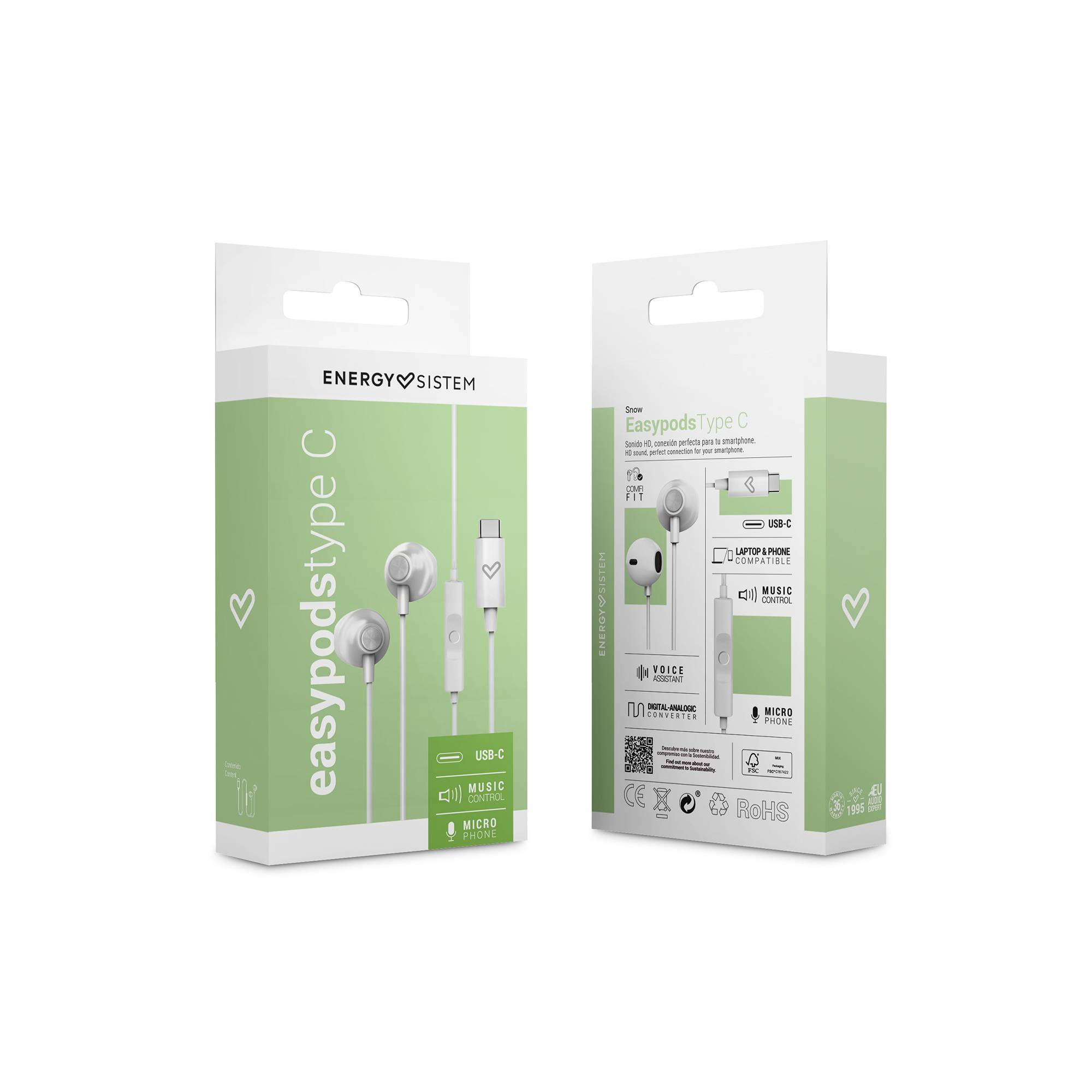 Twee witte en groene dozen 'Easypods Type C' oortelefoons. De dozen tonen productdetails en de oortelefoons.