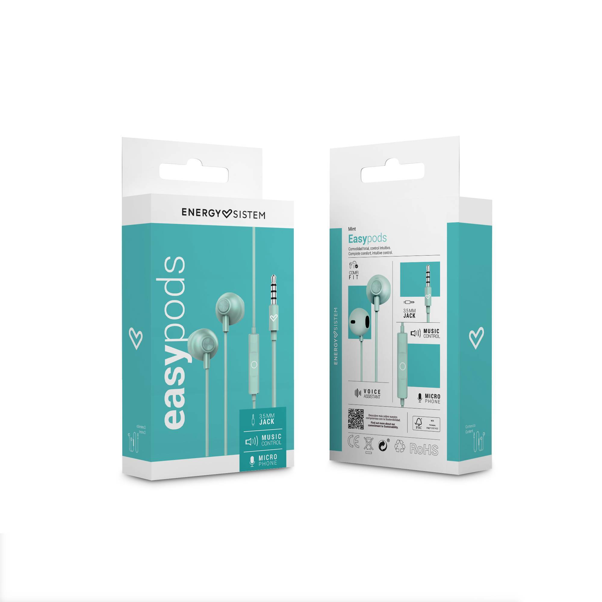 Oordopjesdoos. De doos is turquoise en wit. De oordopjes zijn mintgroen. De doos heeft een hartlogo.