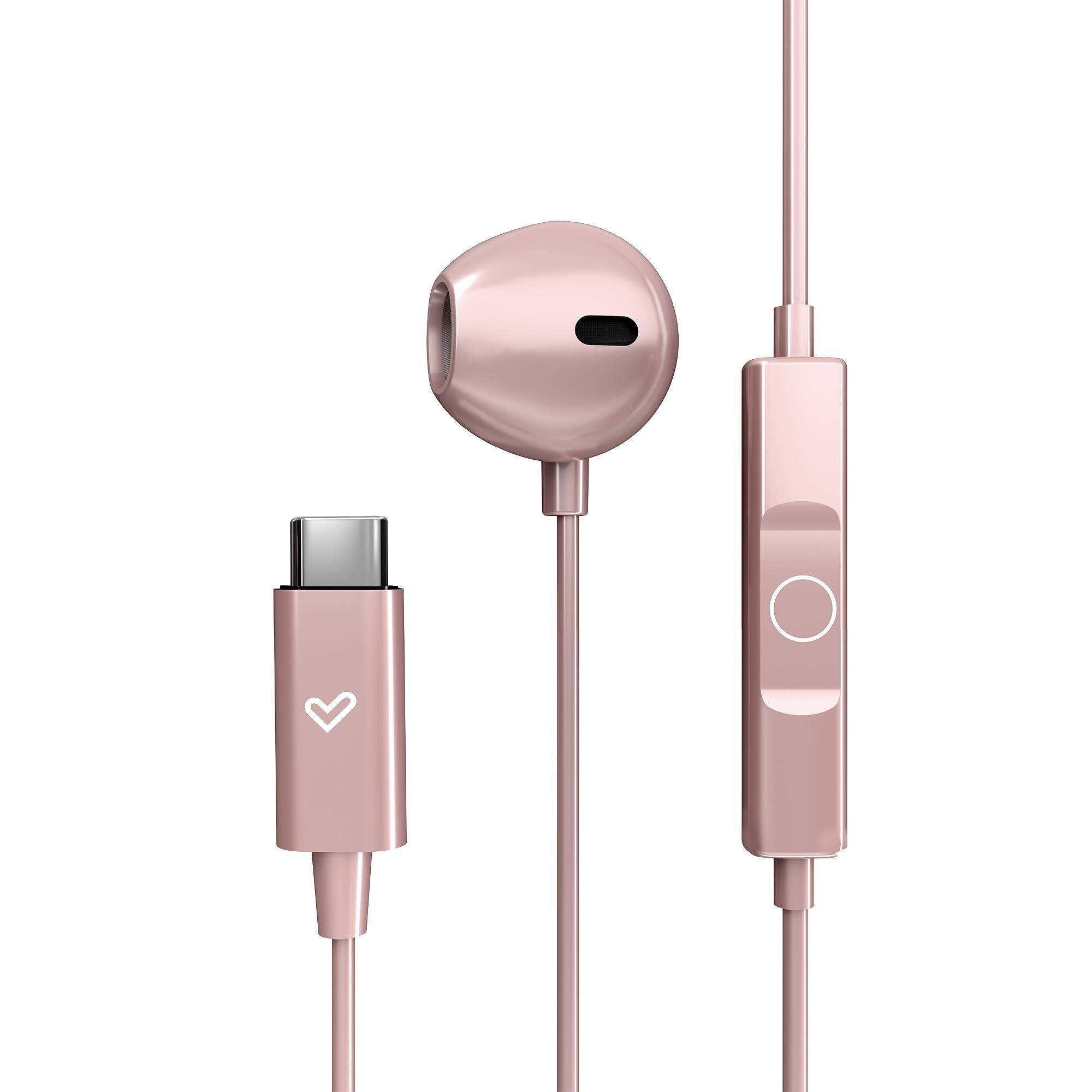 Auricolari color oro rosa con connettore USB-C. Auricolare, controllo e connettore in fila.