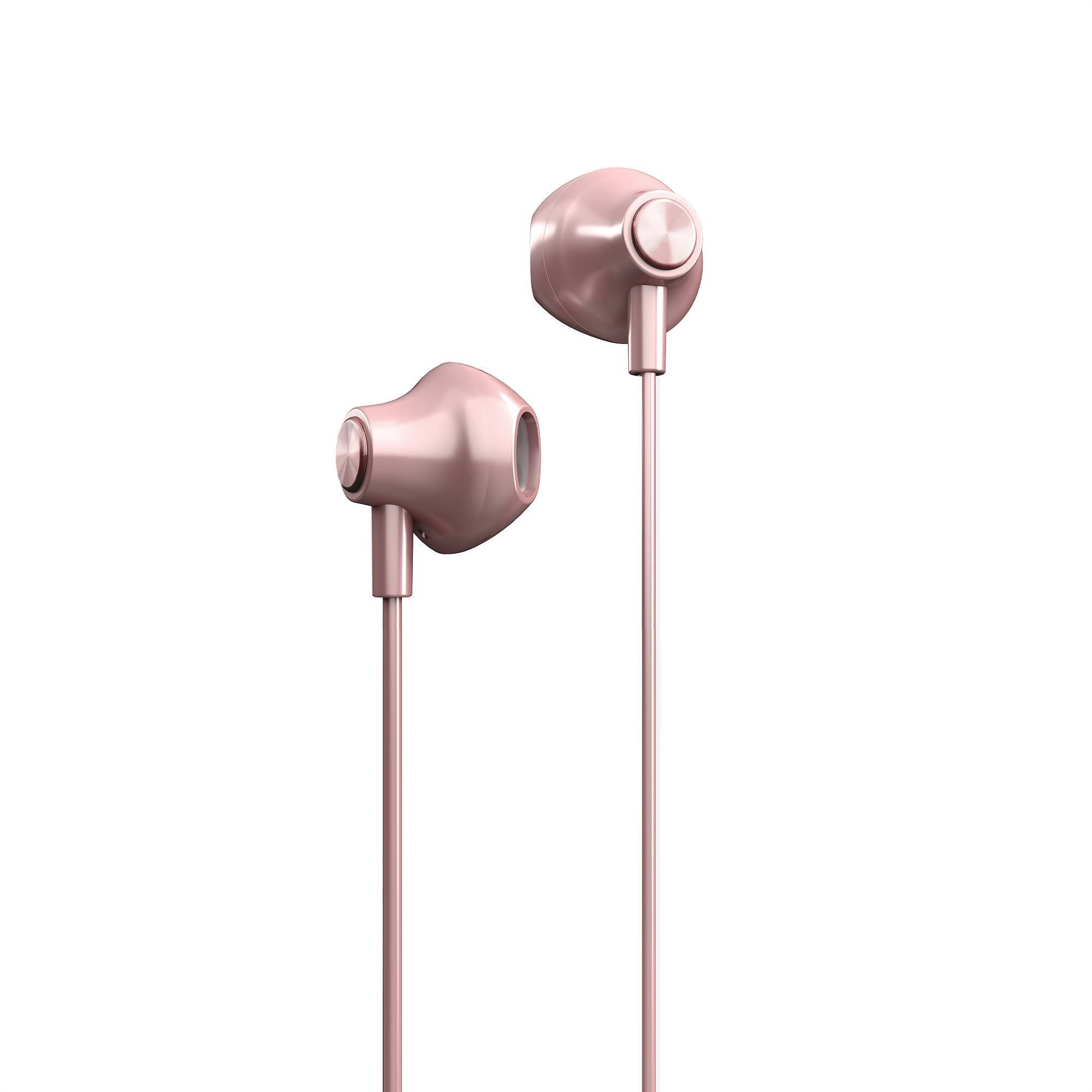 Coppia di auricolari oro rosa con sfondo bianco, isolati.