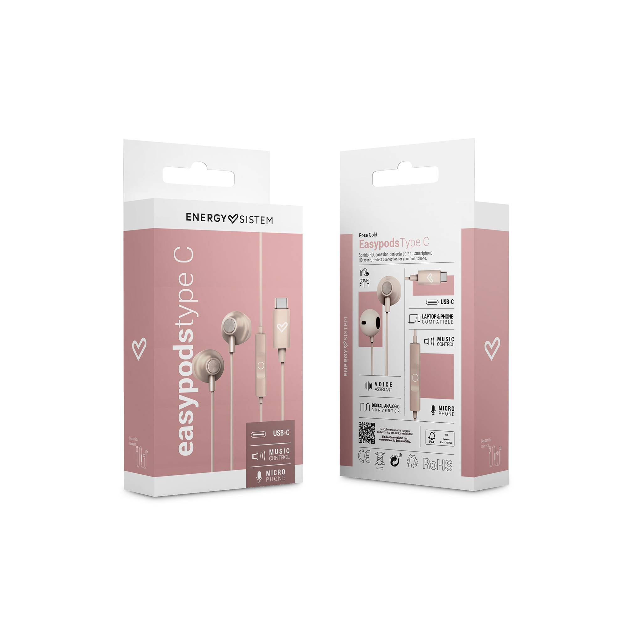Due scatole rosa di auricolari wireless, una aperta, una chiusa. Entrambe hanno il marchio.