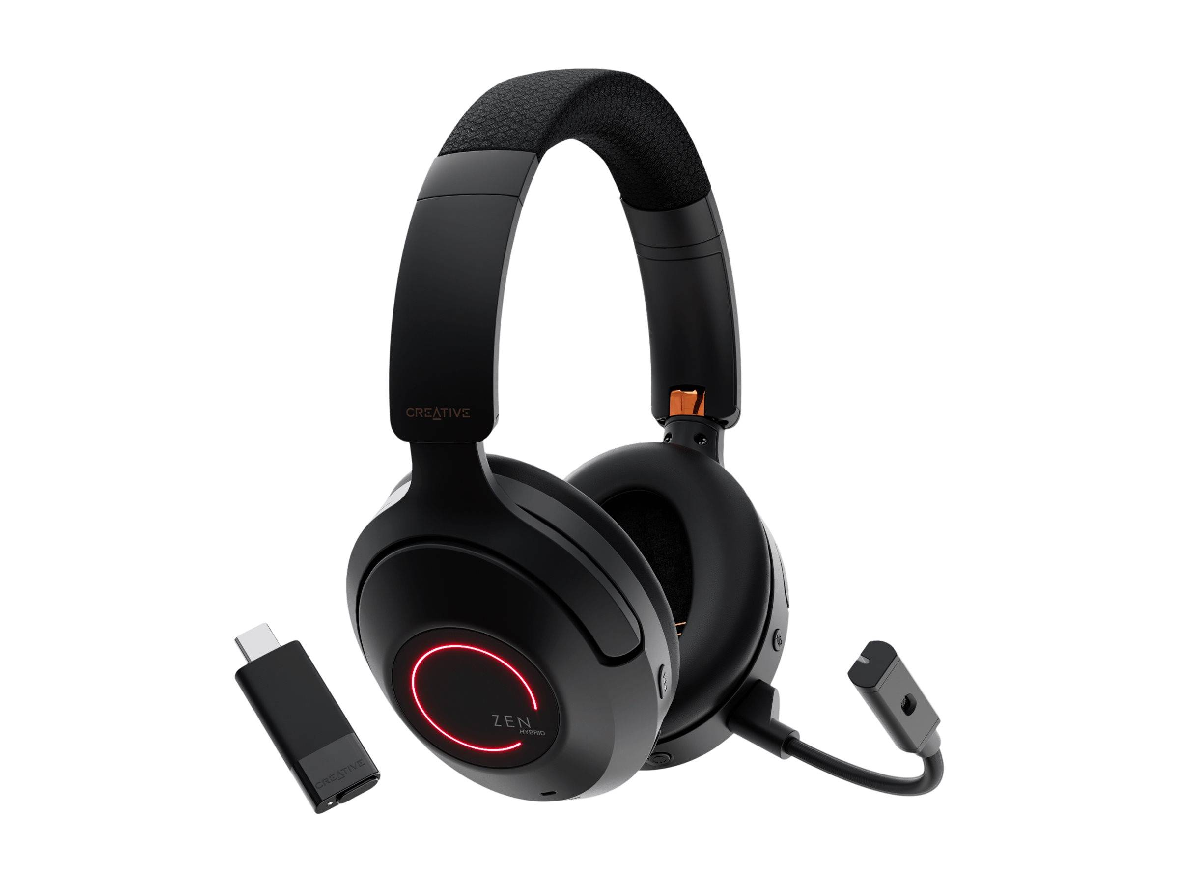 Cuffie nere con luce rossa, ricevitore USB-C e microfono.