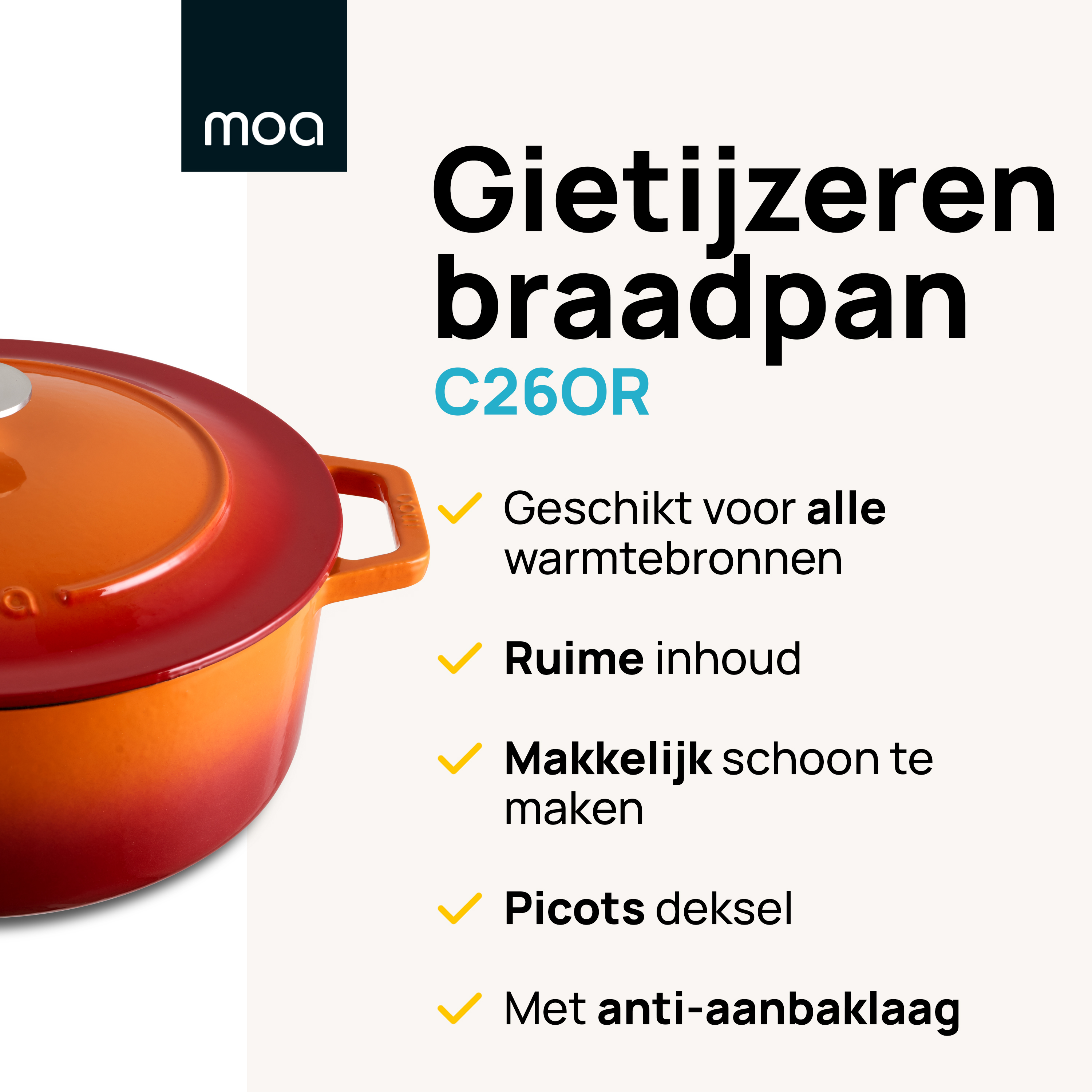 Oranje gietijzeren pan met tekst: Gietijzeren pan, geschikt voor alle warmtebronnen, grote capaciteit.