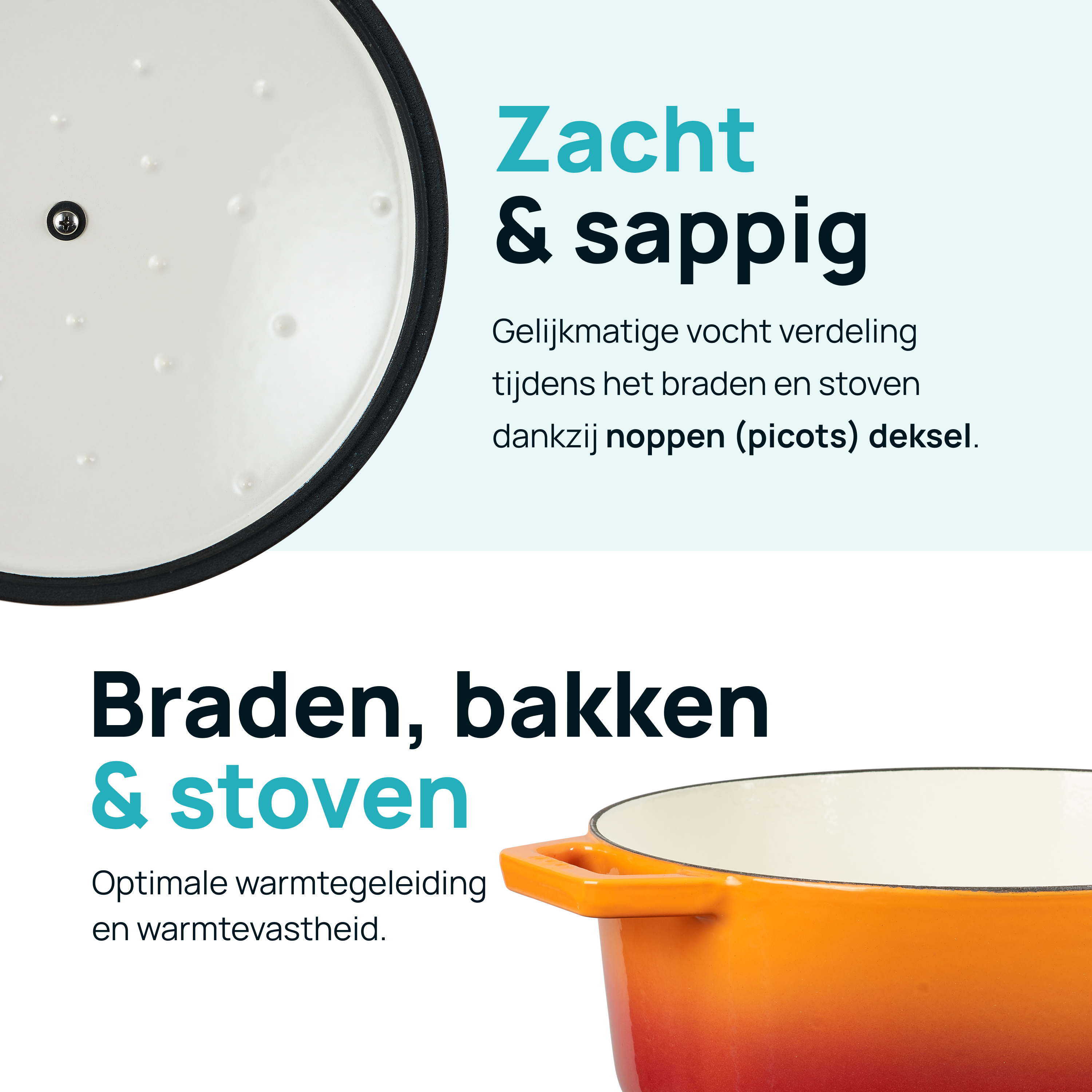 Close-up van een oranje en rode gietijzeren pan met deksel. Voor bakken, koken en stomen.