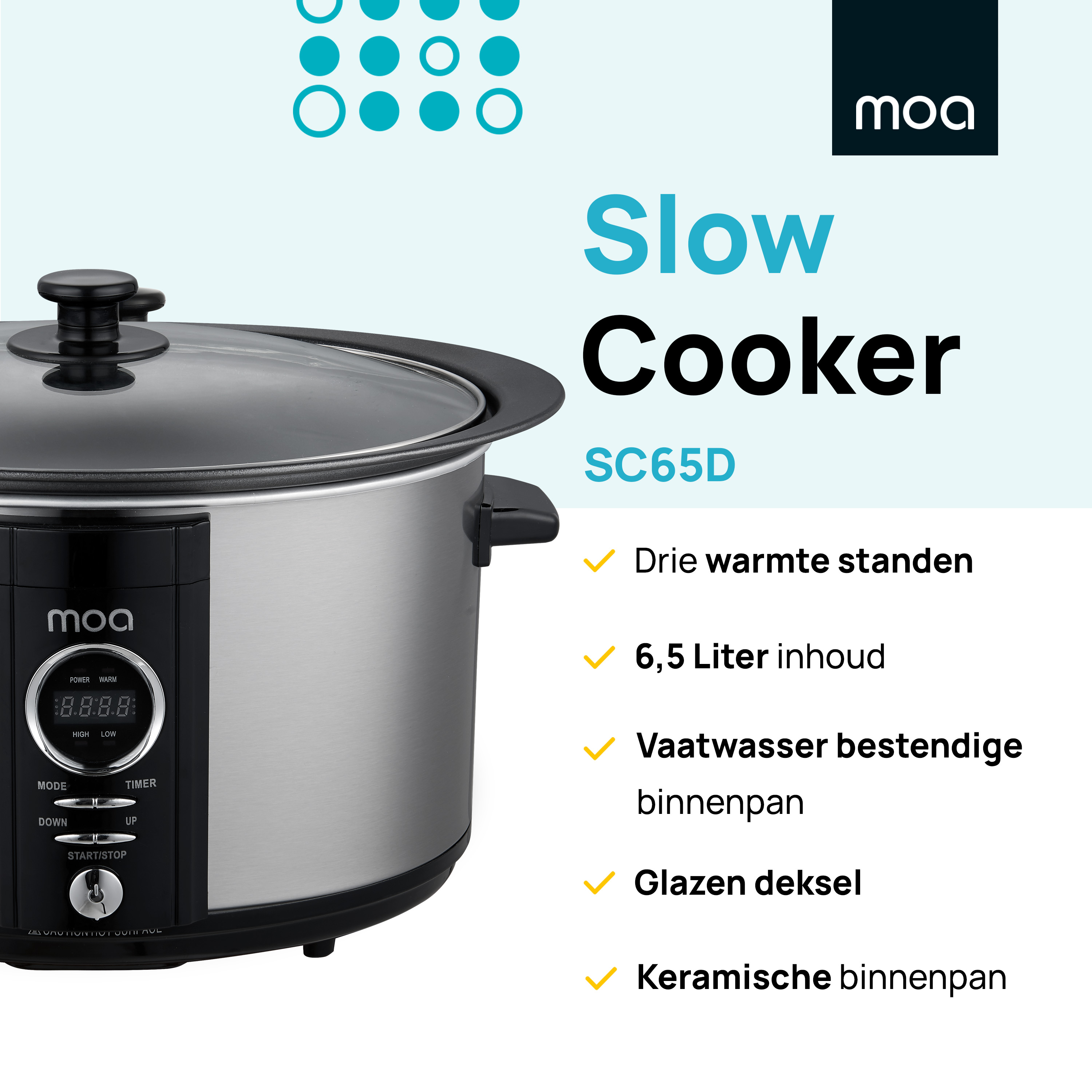 Slow cooker with digital display. Text: 3 heat settings, 6.5 liter capacity, dishwasher safe inner pot, glass lid.