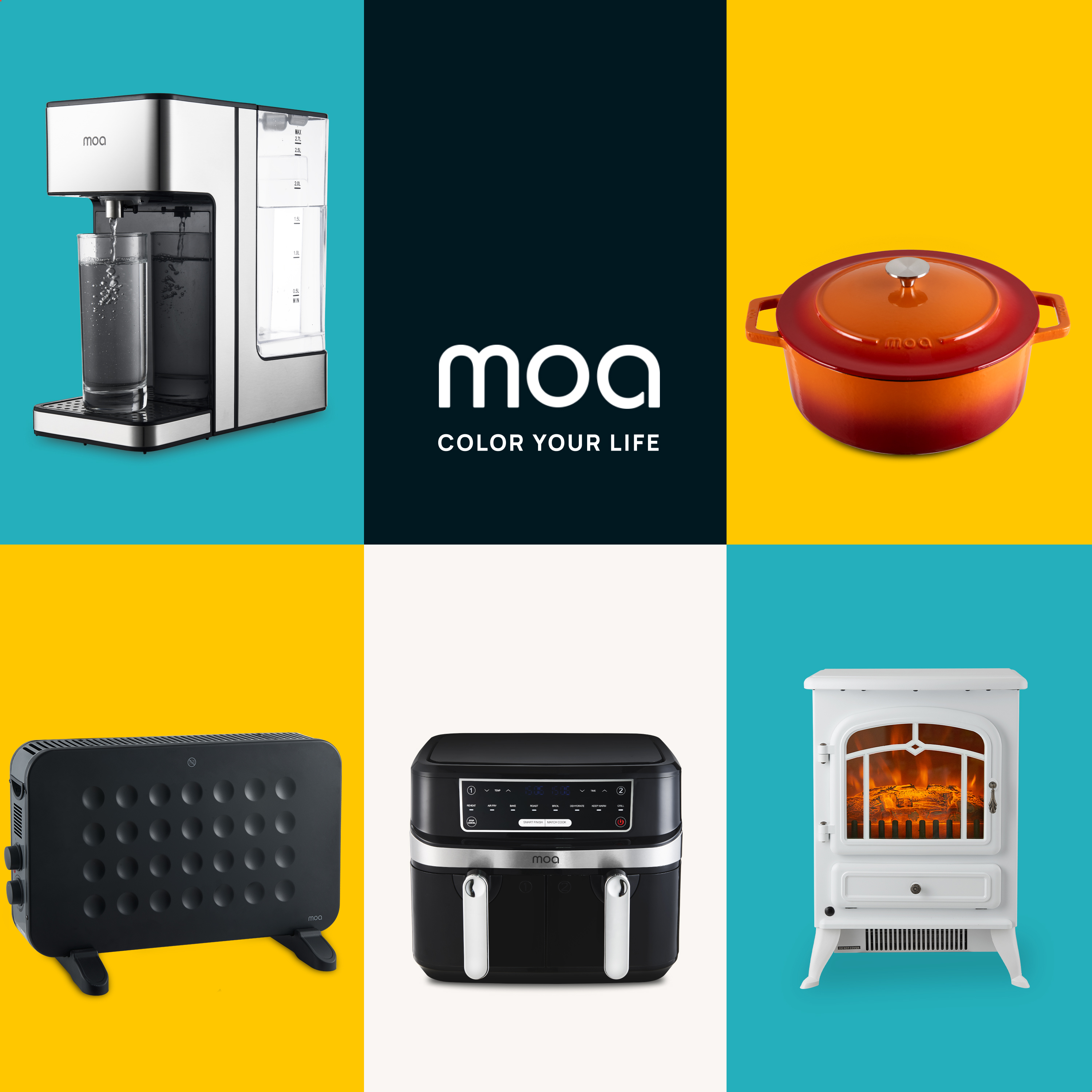 Collage van huishoudelijke artikelen: waterdispenser, pot, kachel, airfryer, open haard.