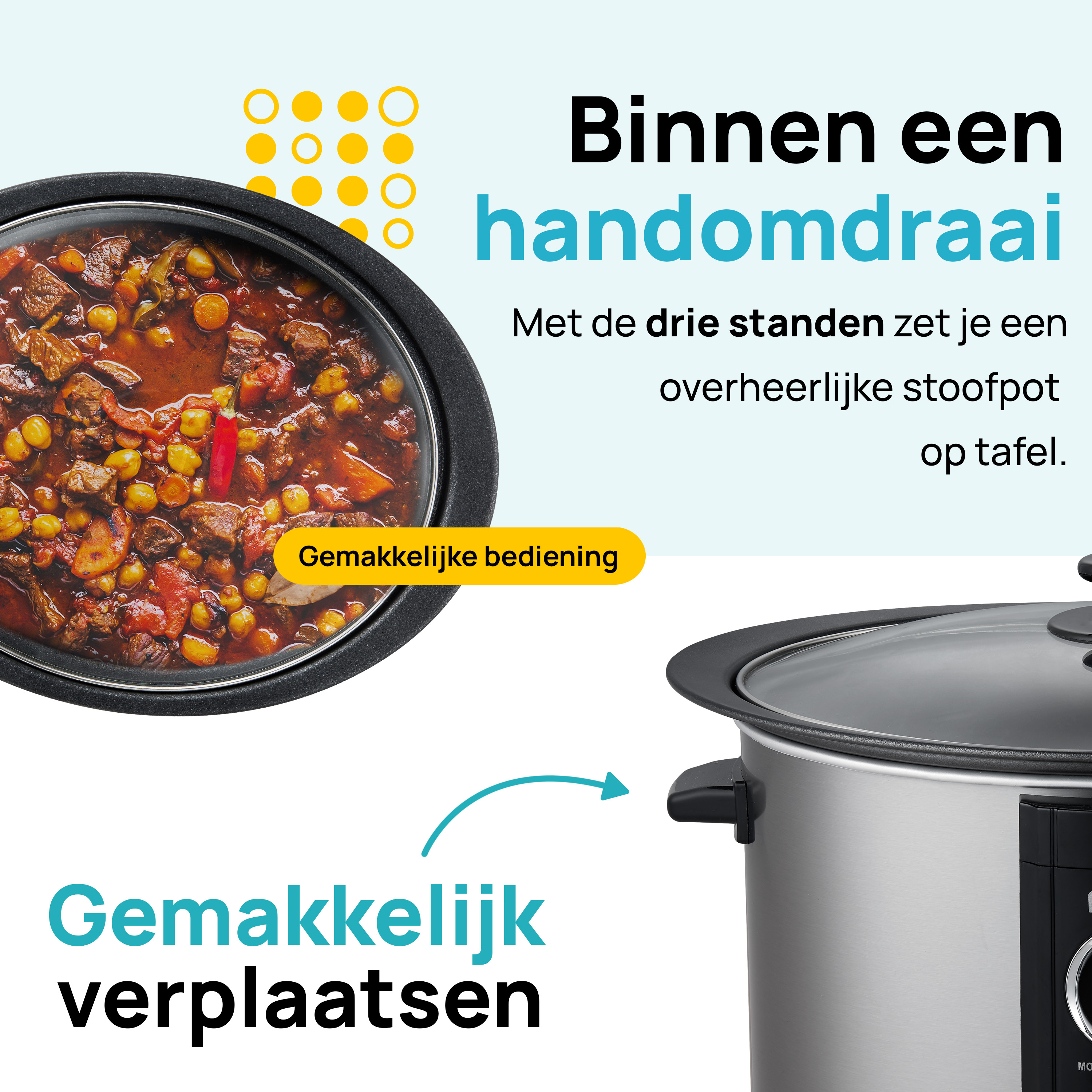 Slow cooker with food and text about features.
