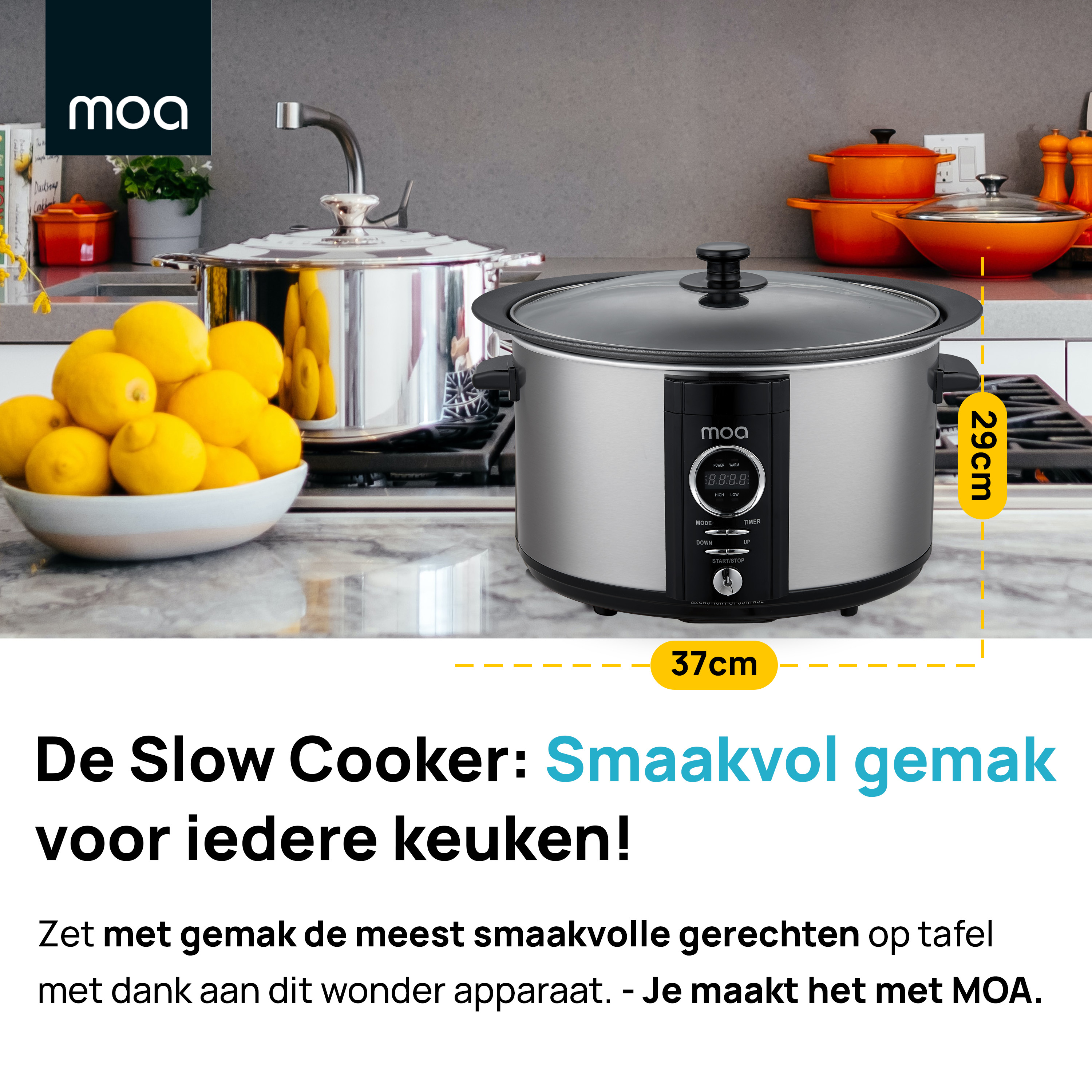 A slow cooker with a glass lid, with lemons and a pot on the left. Text is in Dutch.
