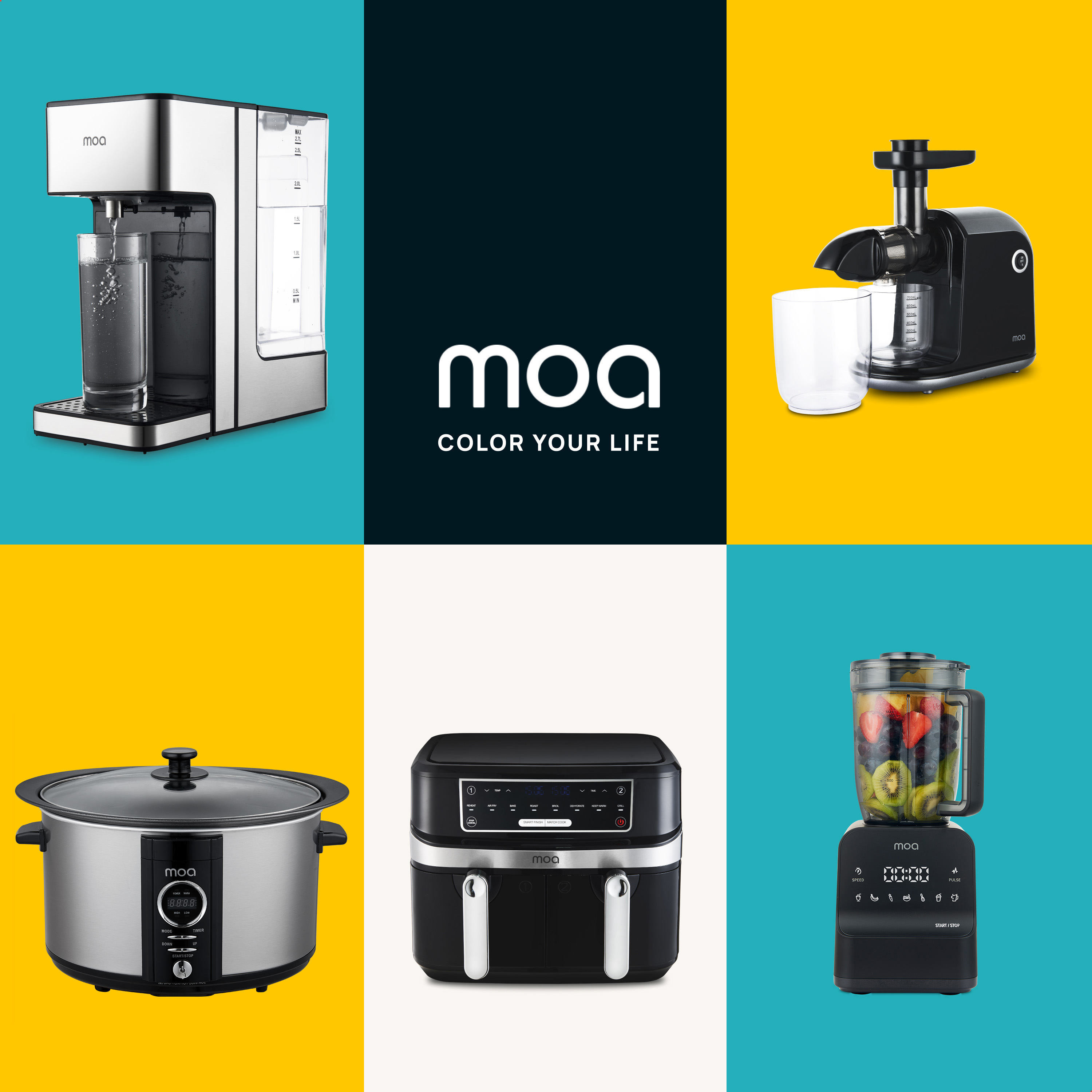 Moa kitchen appliances: water machine, juicer, slow cooker, air fryer, and blender on colored backgrounds.