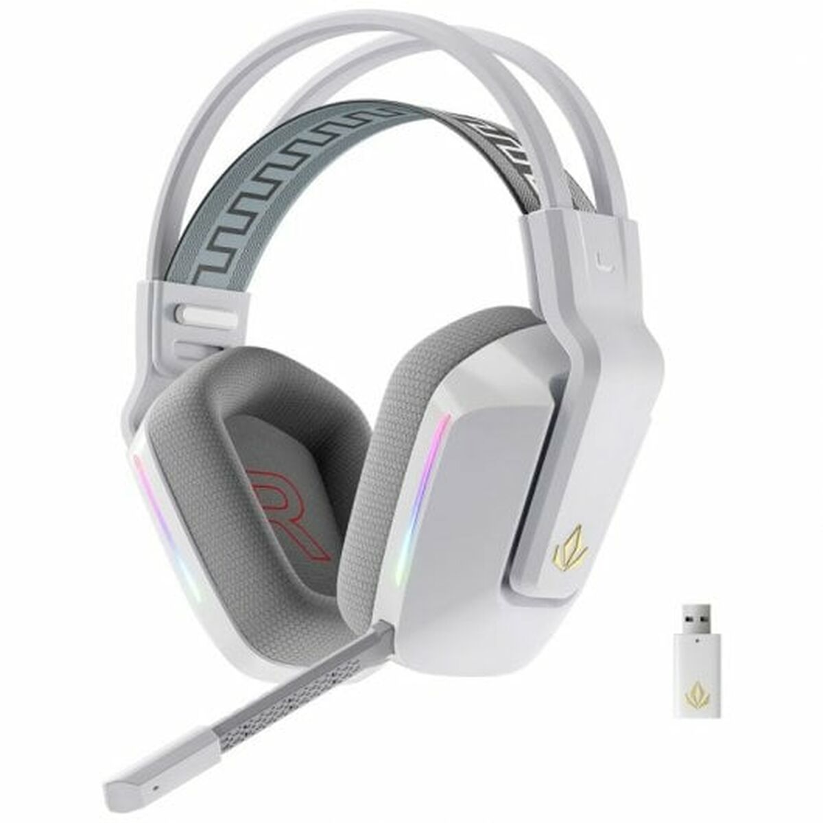 Cuffie da gioco bianche e grigie con microfono e un dongle USB. Il marchio è LZK.
