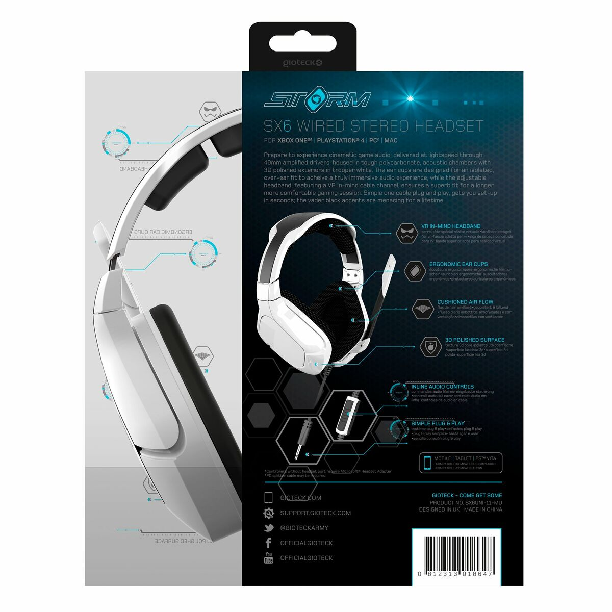 Il retro di una scatola per cuffie stereo cablate Storm SX6 bianca e nera con testo e grafica.