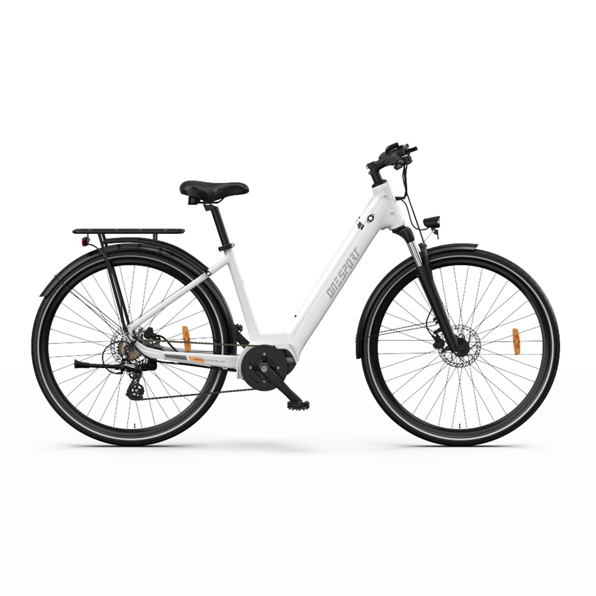 Bicicletta elettrica bianca con dettagli neri, isolata su sfondo bianco.
