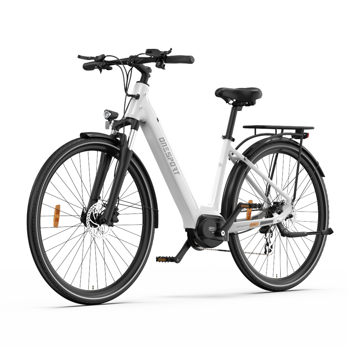 Bicicletta elettrica bianca con pneumatici e componenti neri. Isolato su sfondo bianco.