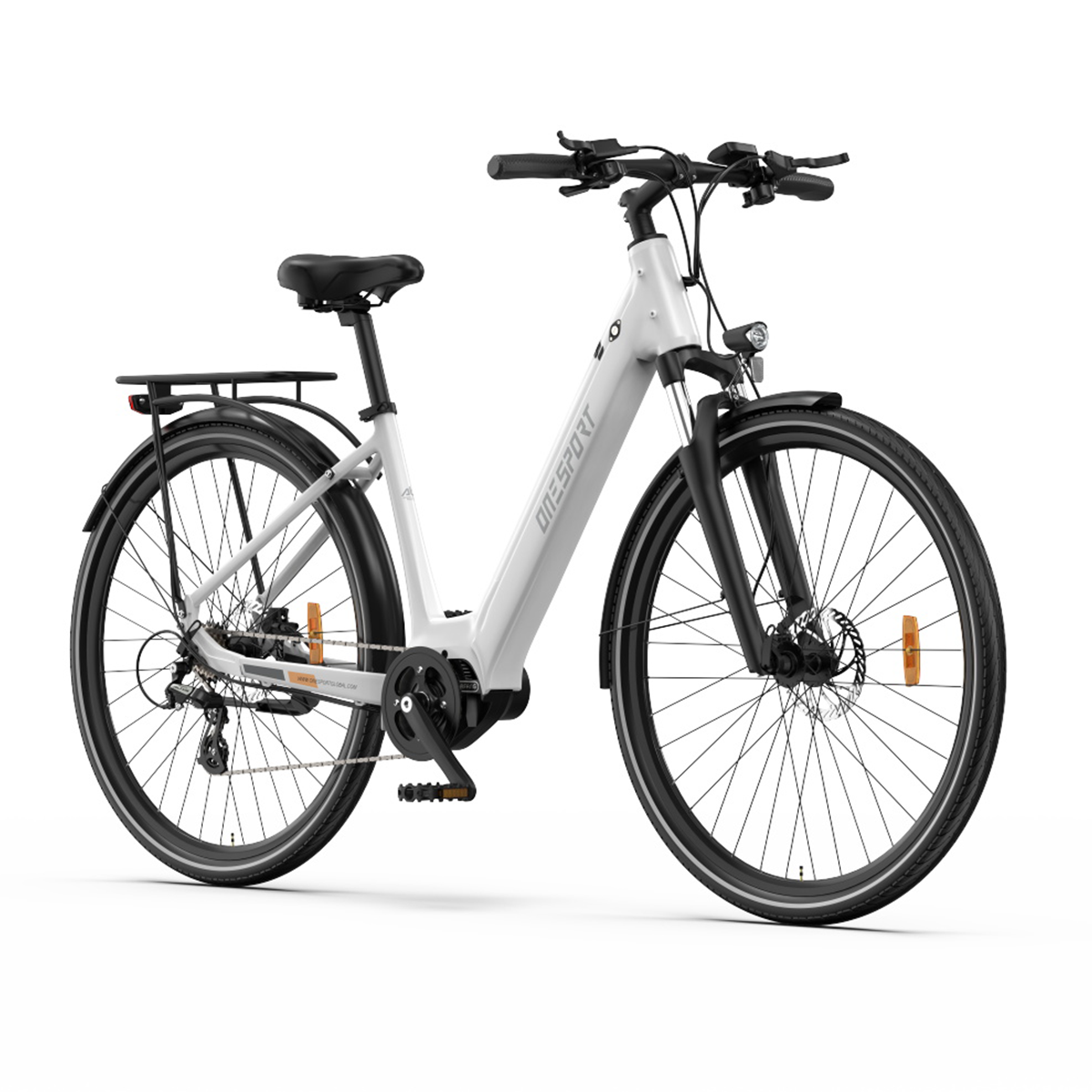 Una bicicletta elettrica bianca su sfondo bianco, che mostra l'intera bici con pneumatici neri.