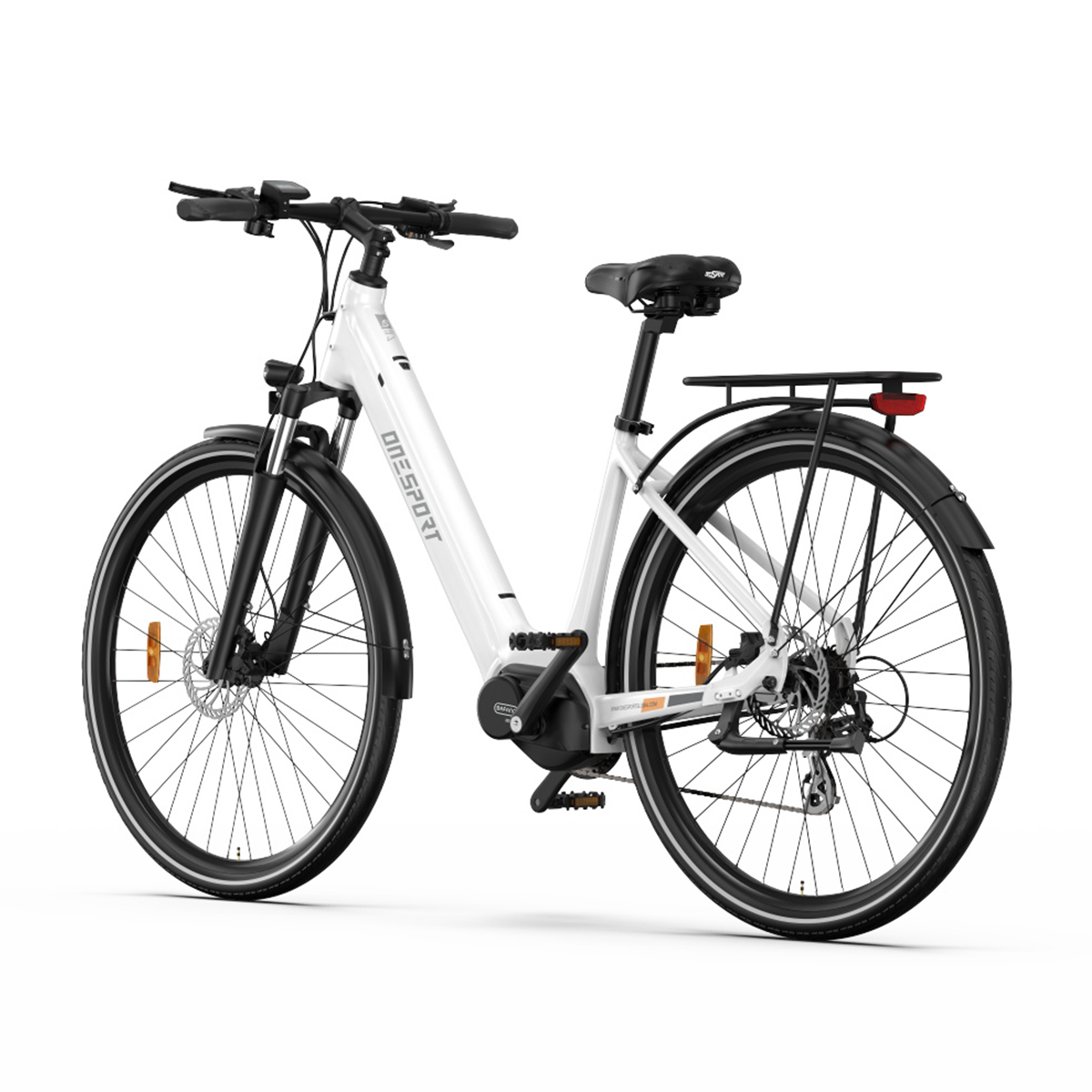 Una bici elettrica bianca su sfondo bianco, vista di lato.
