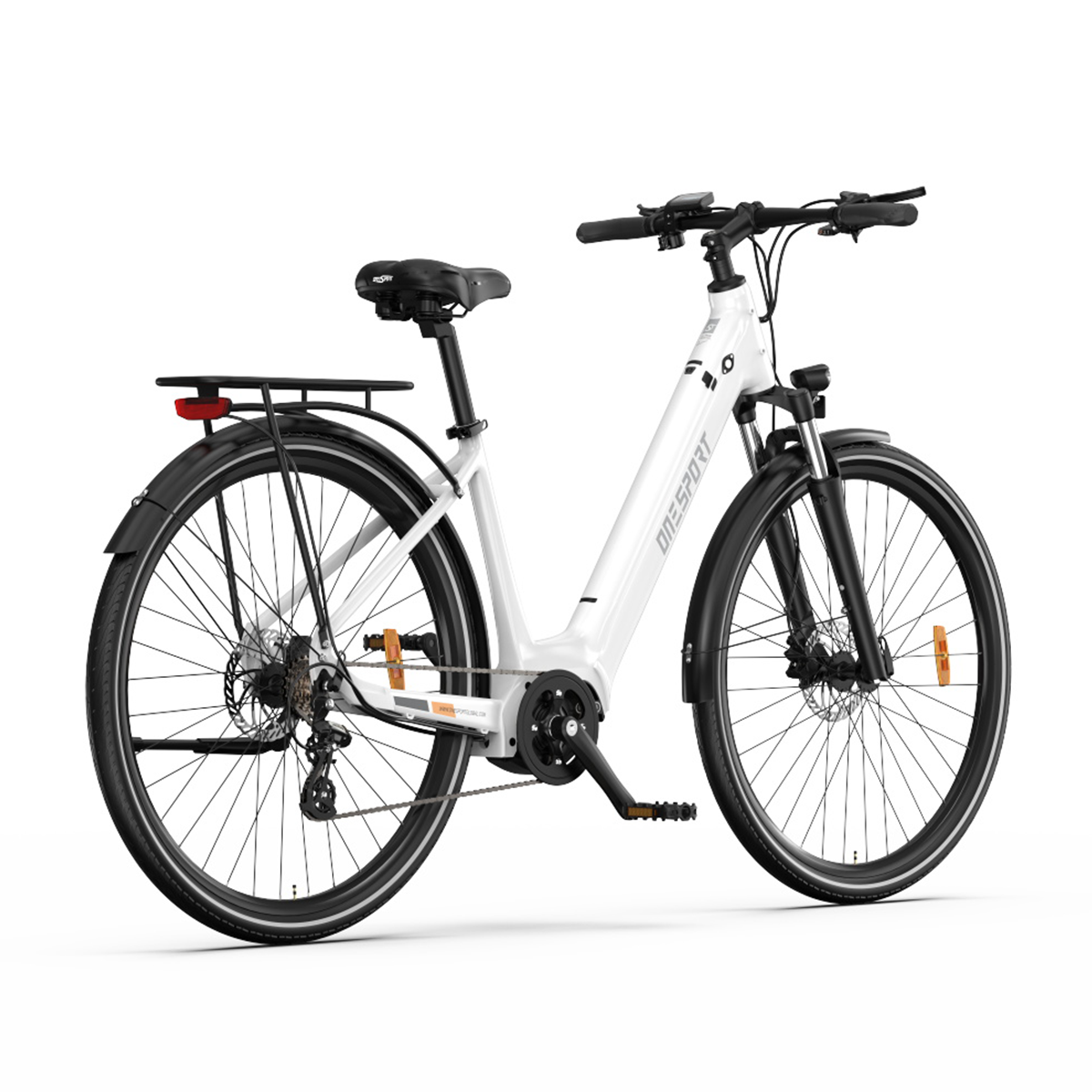 Bicicletta elettrica bianca con pneumatici neri. È su uno sfondo bianco.