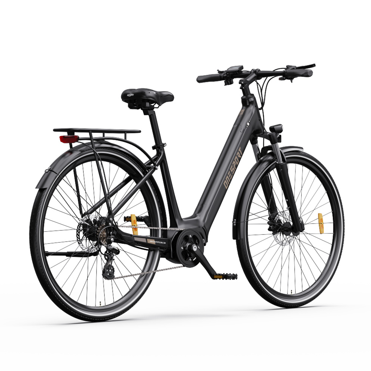 Bicicletta elettrica nera su sfondo bianco, vista angolata.