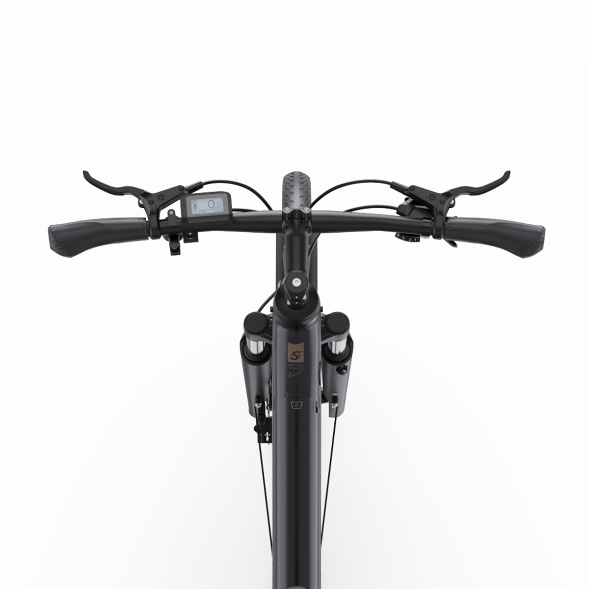 Vista dall'alto di una bicicletta nera con manubrio, display e leve dei freni.
