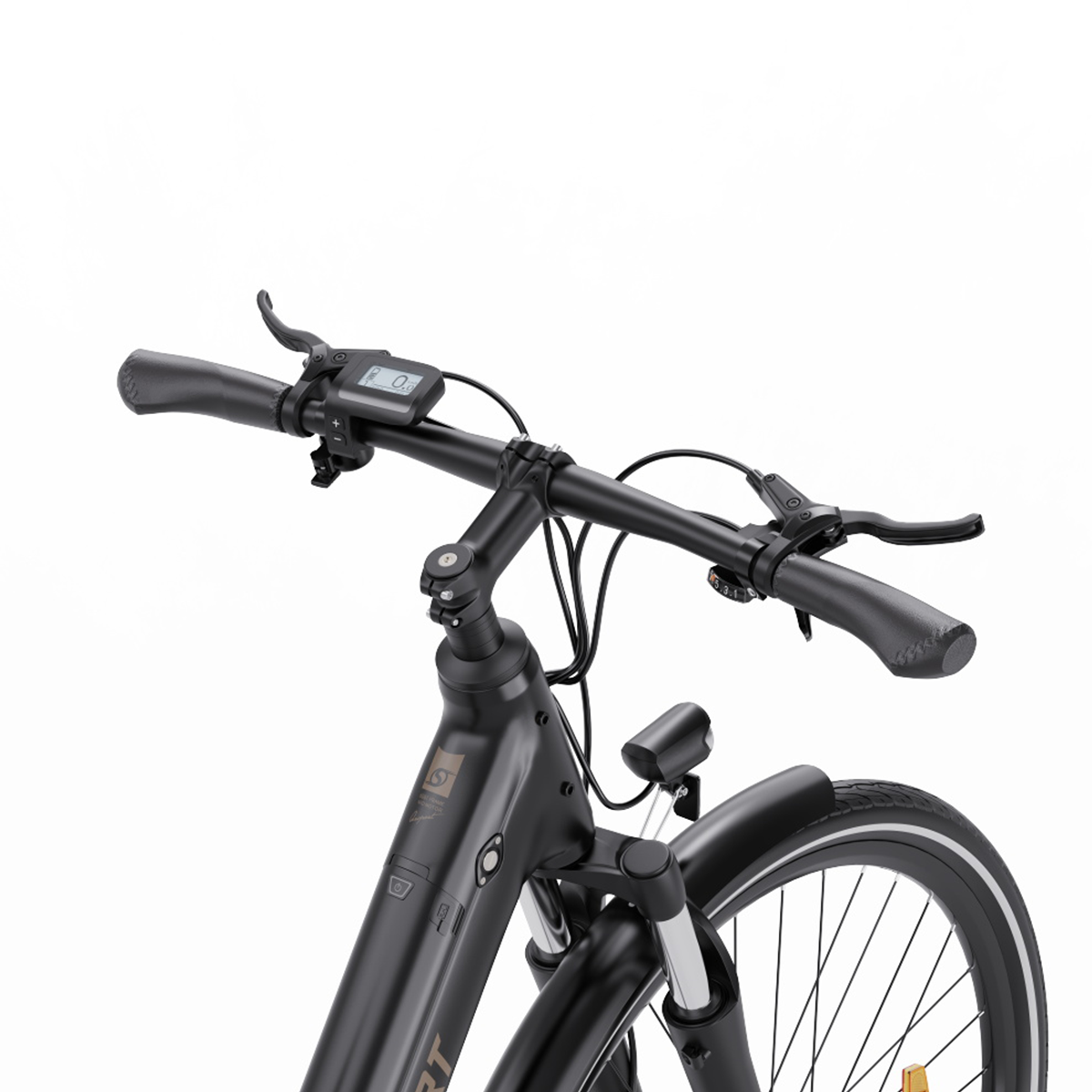 Manubrio di bicicletta nero con comandi e display digitale.